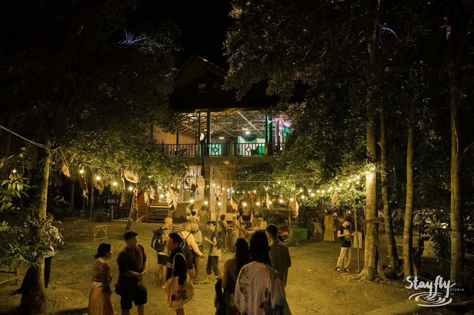 Path through trees leading to lit venue building at night.