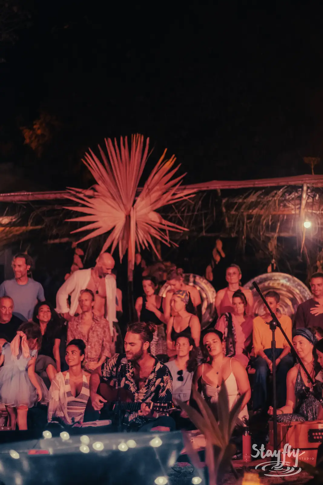 Seated crowd under palm-frond decoration at night.