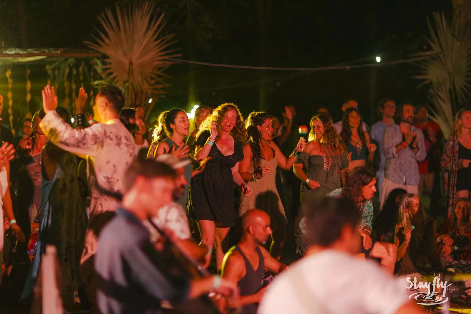 Crowd dancing standing at night stage.
