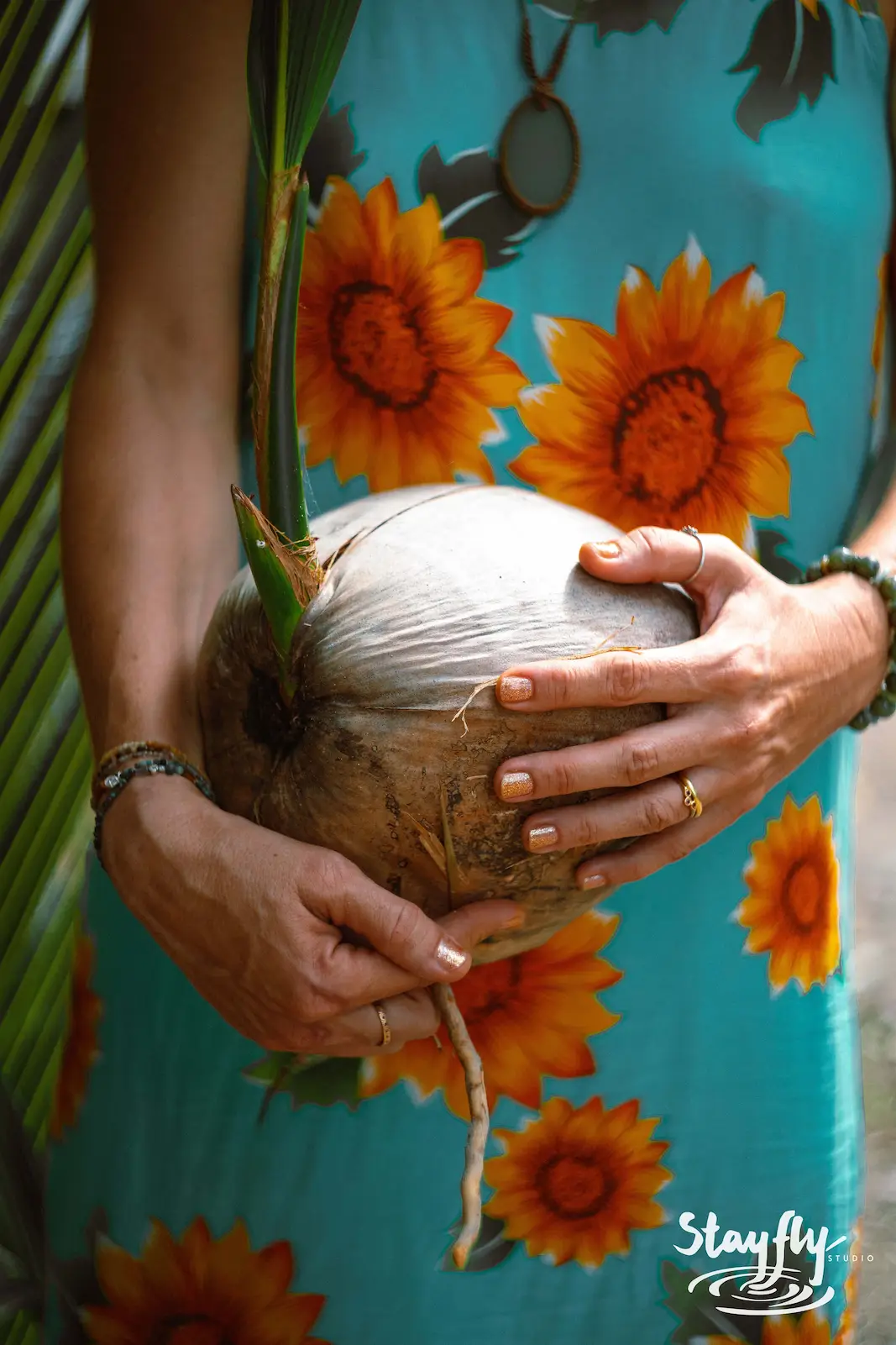 Hands cradling a coconut, woman in sunflower dress.