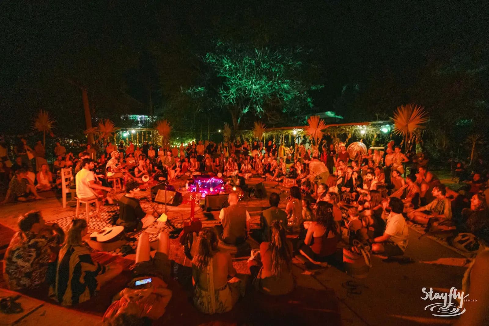 Night crowd gathered around musician under green light.