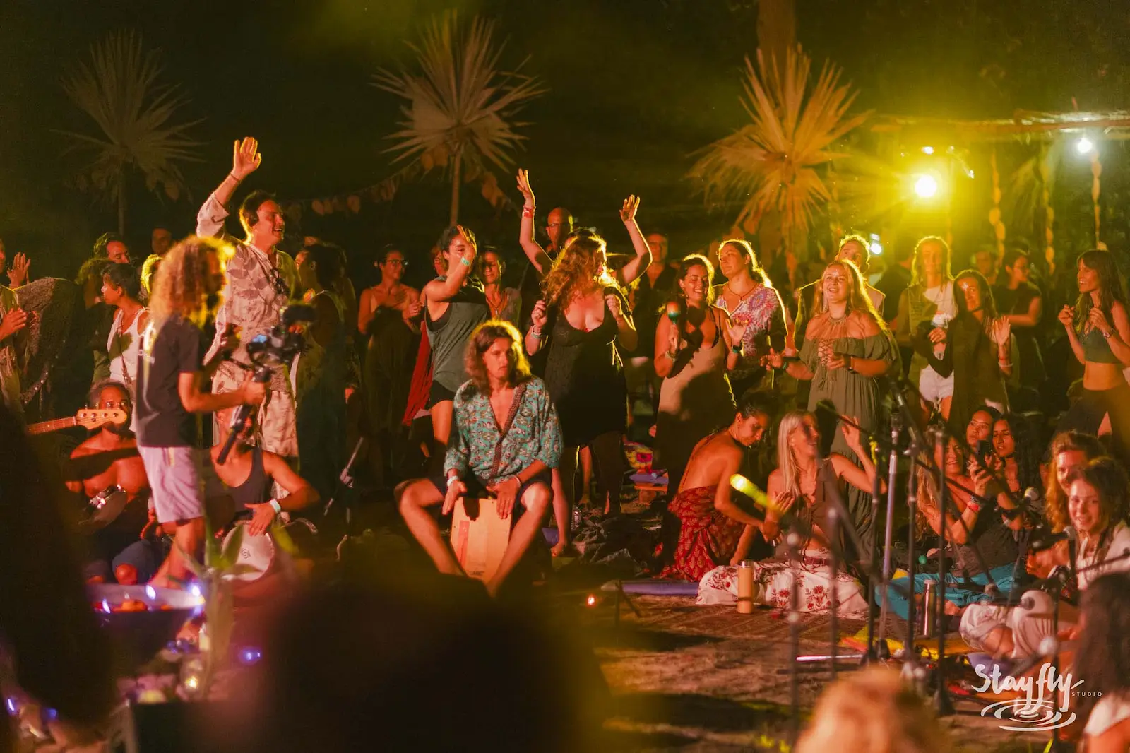 Concert crowd with hands raised at night.