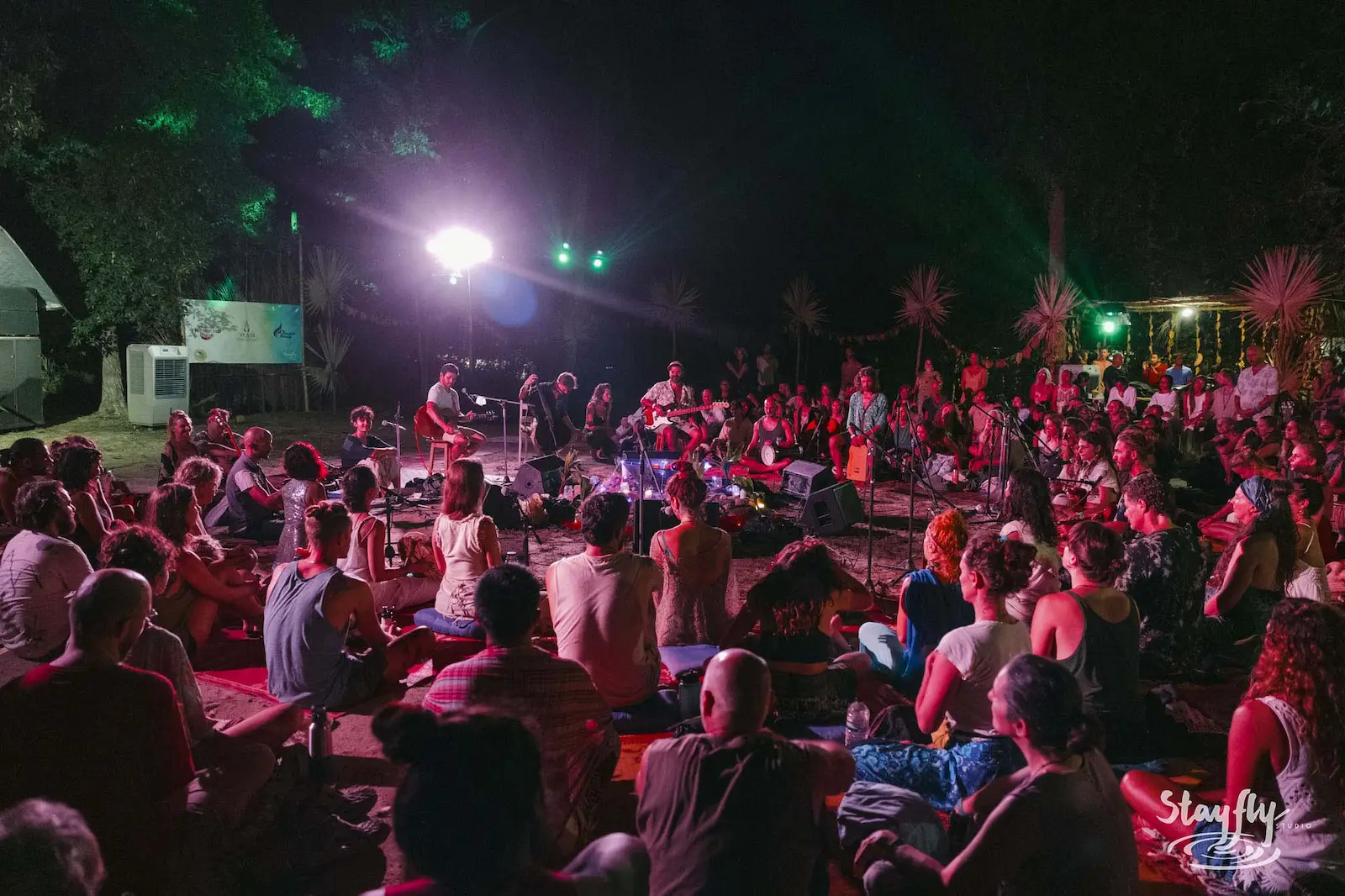 Night crowd seated watching band on lit stage.