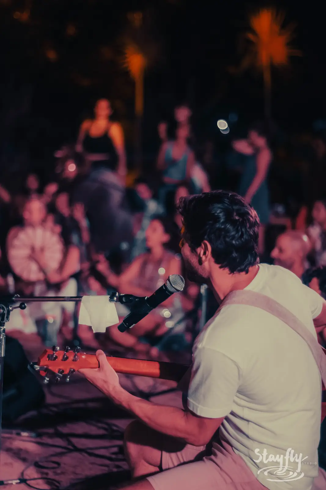 Guitarist singing into mic before blurred crowd.