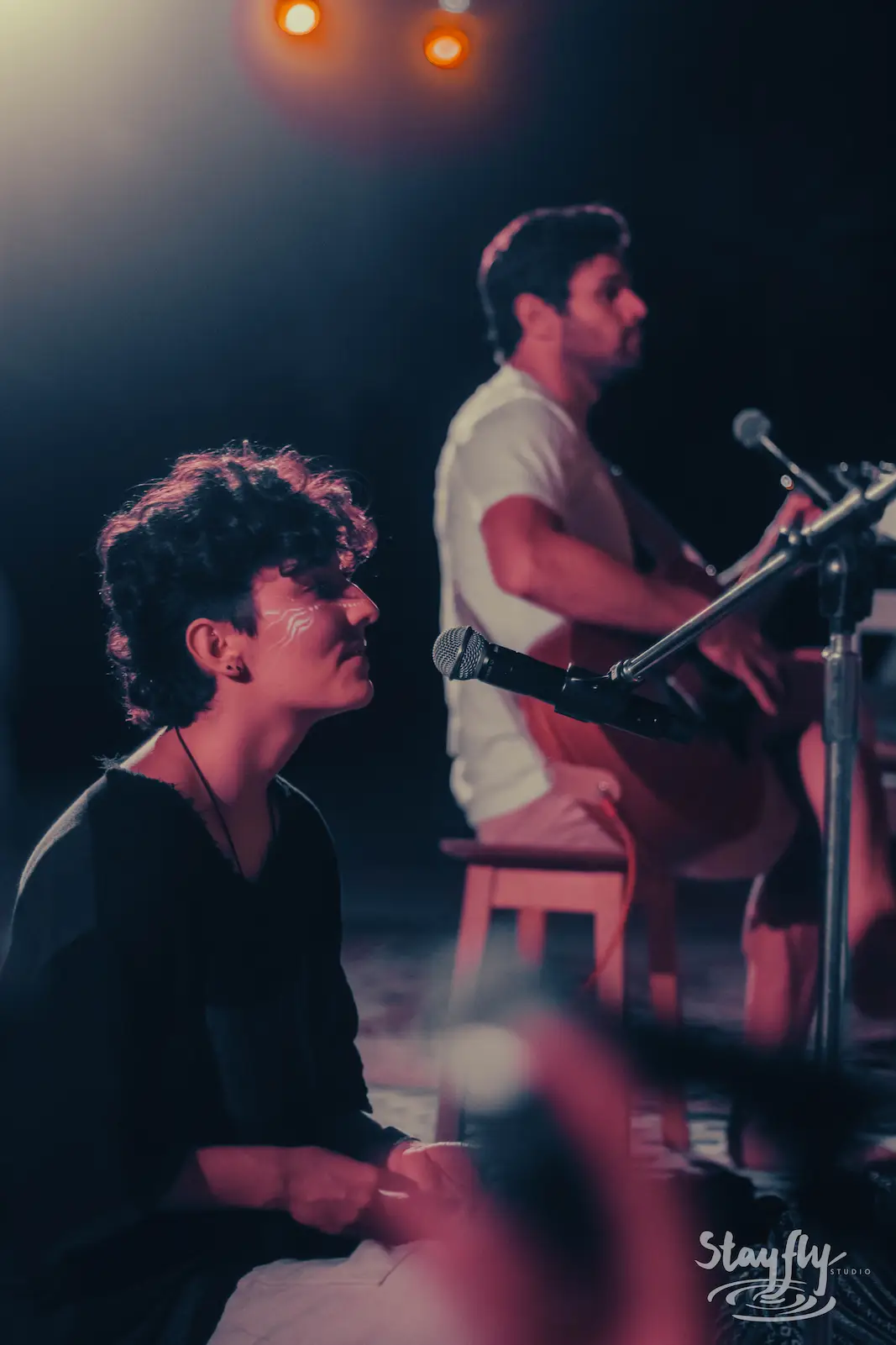 Singer seated foreground, guitarist blurred behind.