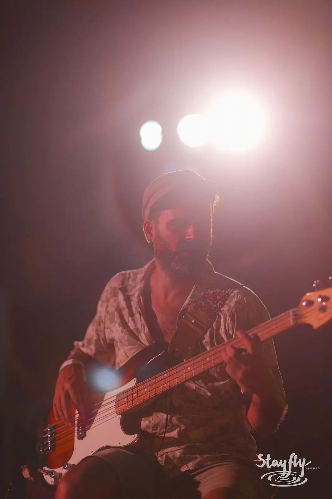 Bass player performing under stage lights at night.