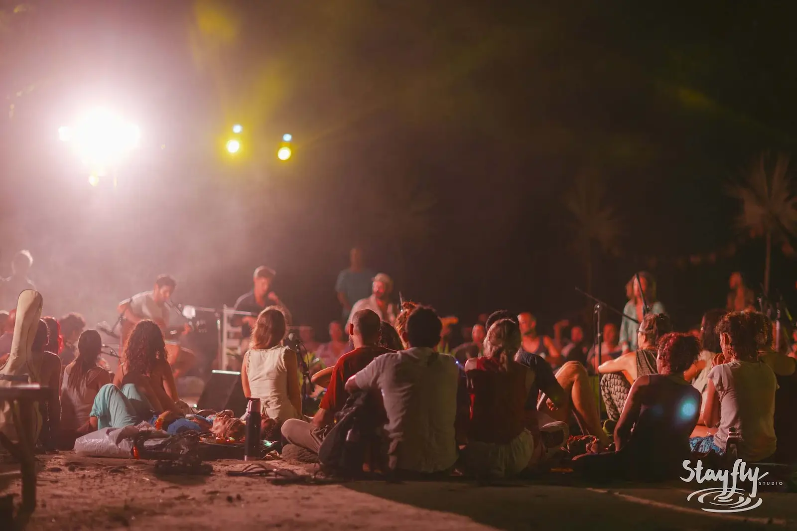 Wide view of band and seated crowd at night.