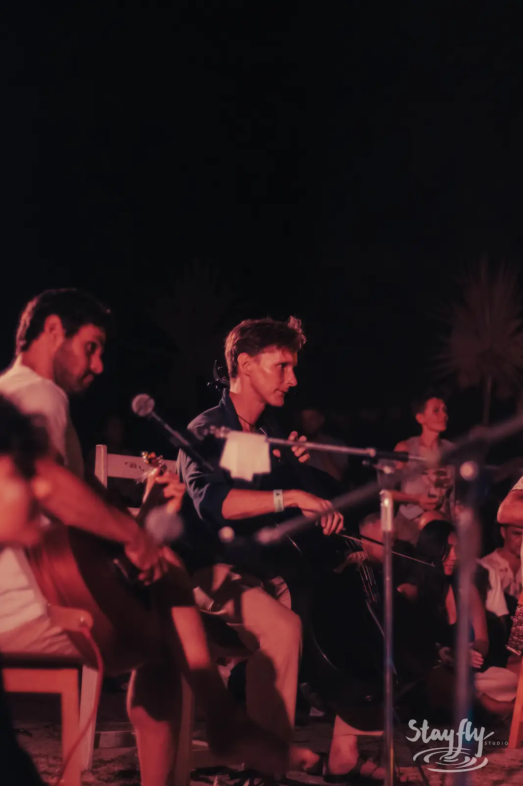 Musicians playing guitar together at night.