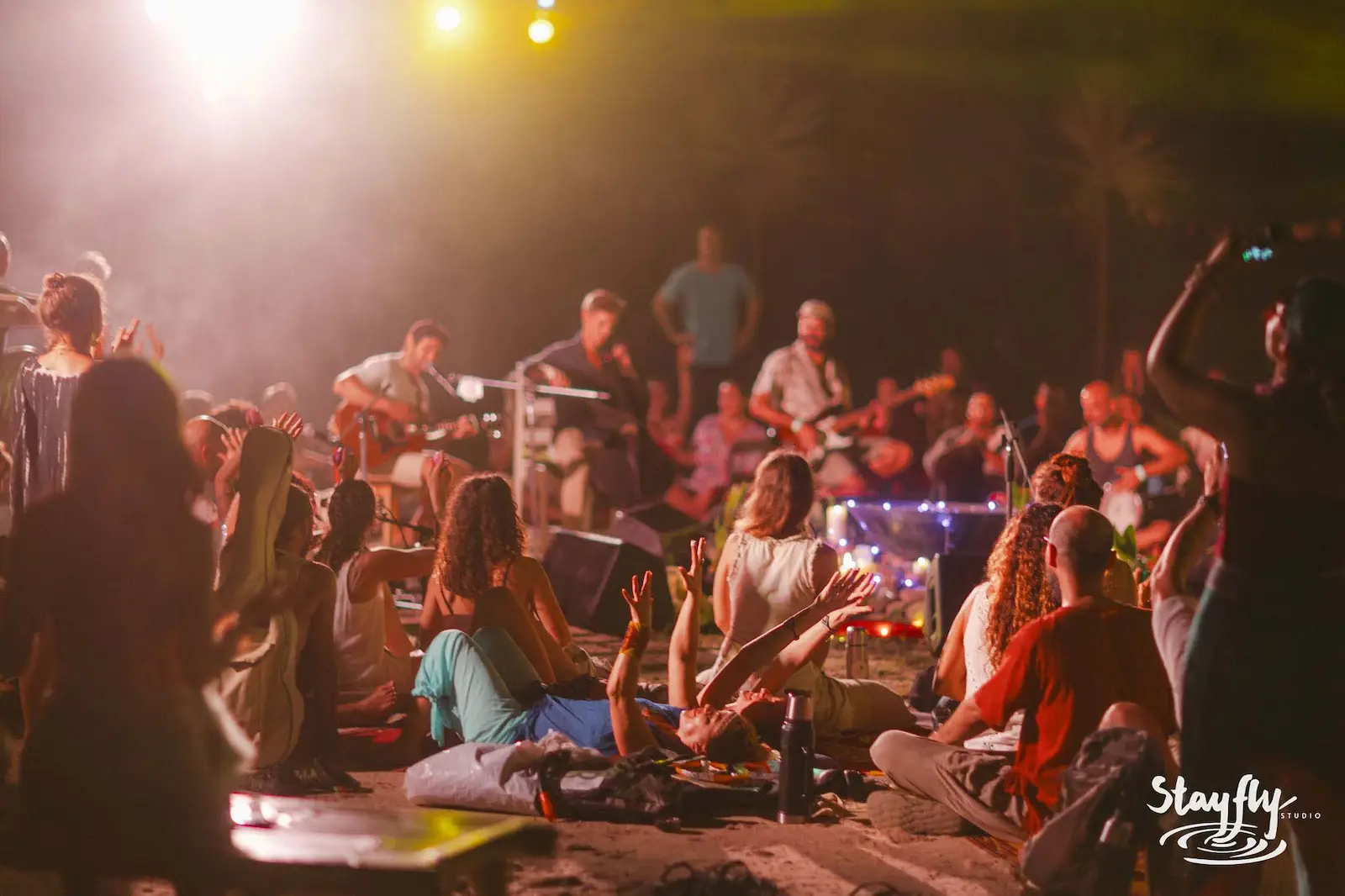 Seated crowd watching band on night stage.