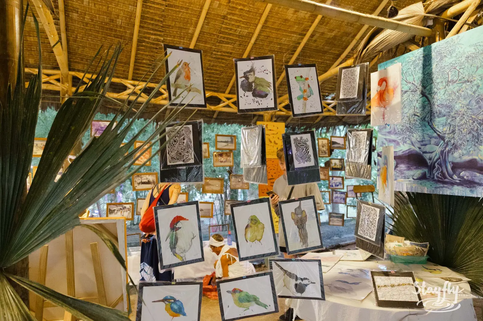Framed bird paintings displayed at art vendor stall.