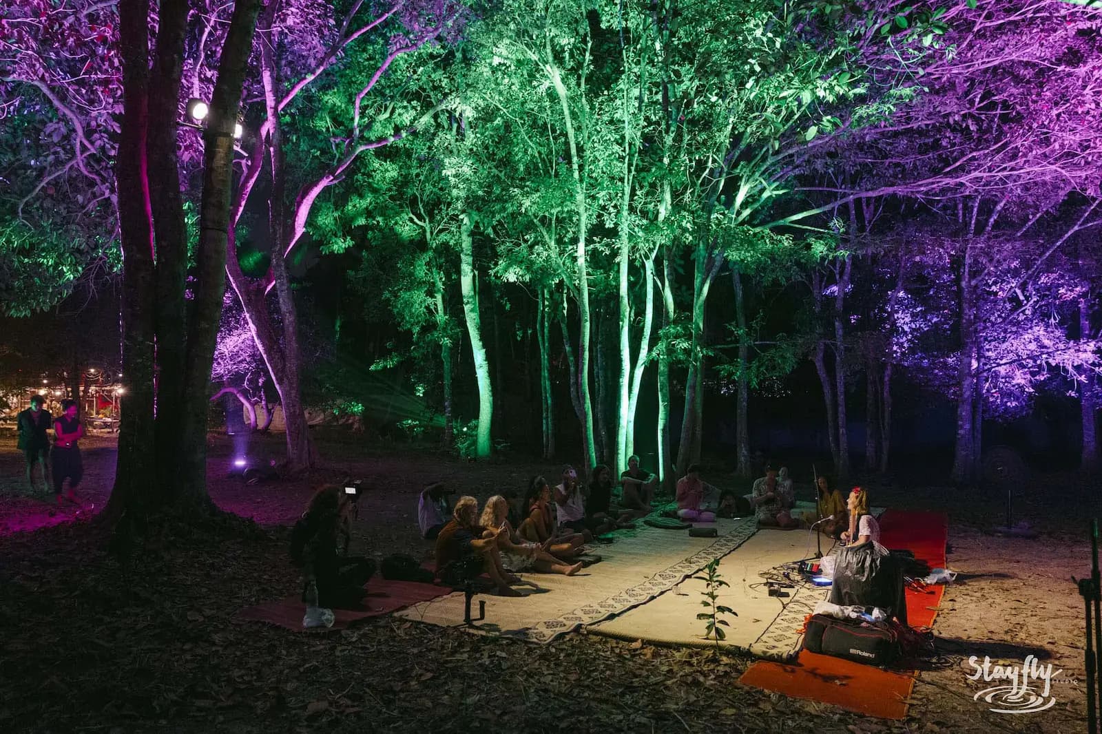 Night circle seated on mats with musician, purple and green light.