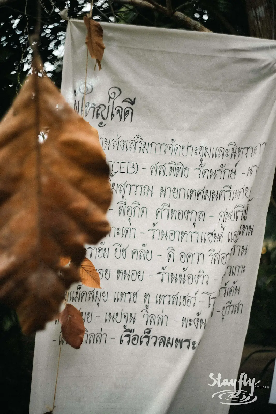 Thai text banner hanging among dry leaves.