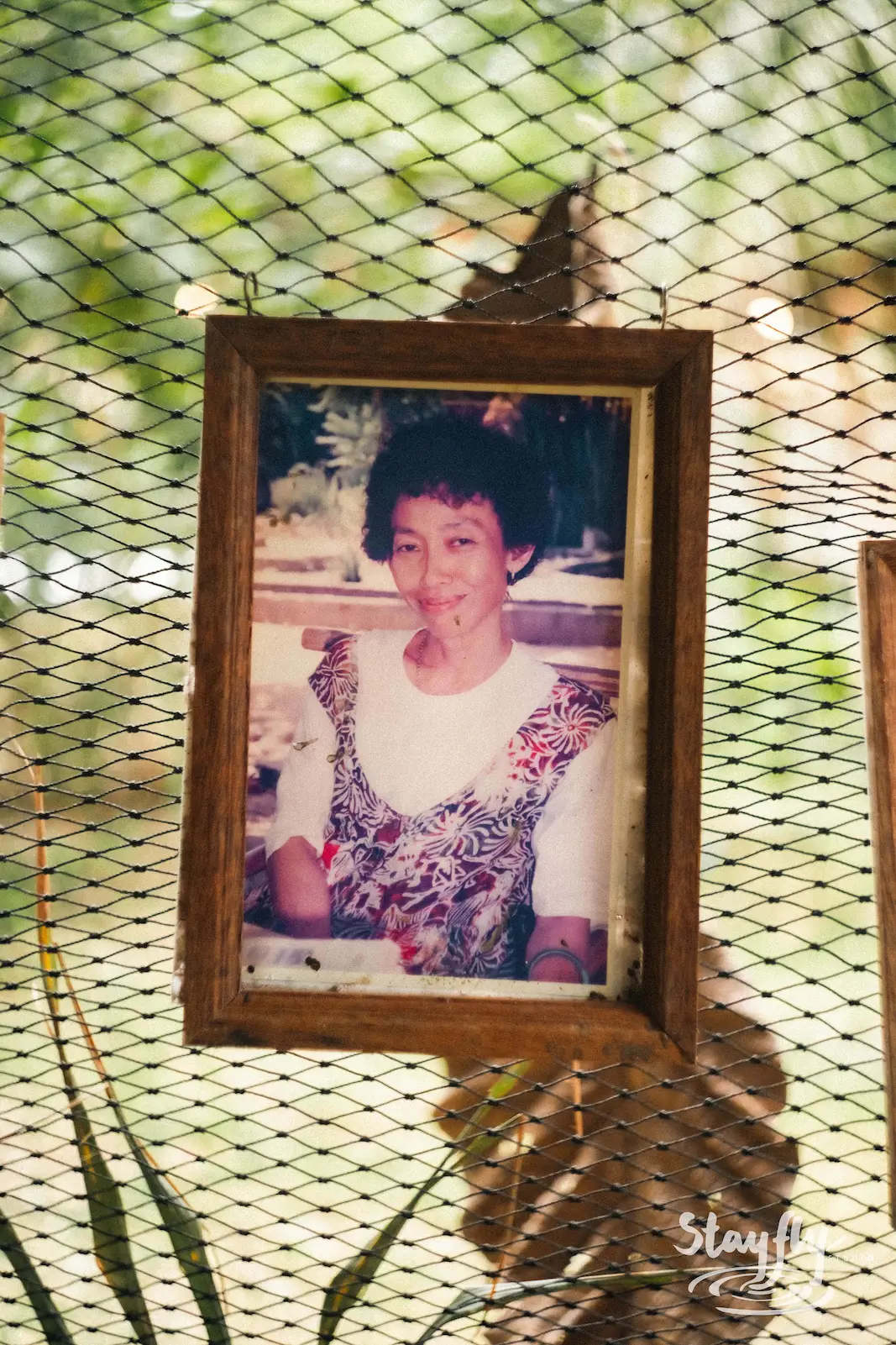 Framed vintage photo of woman hung on netting.