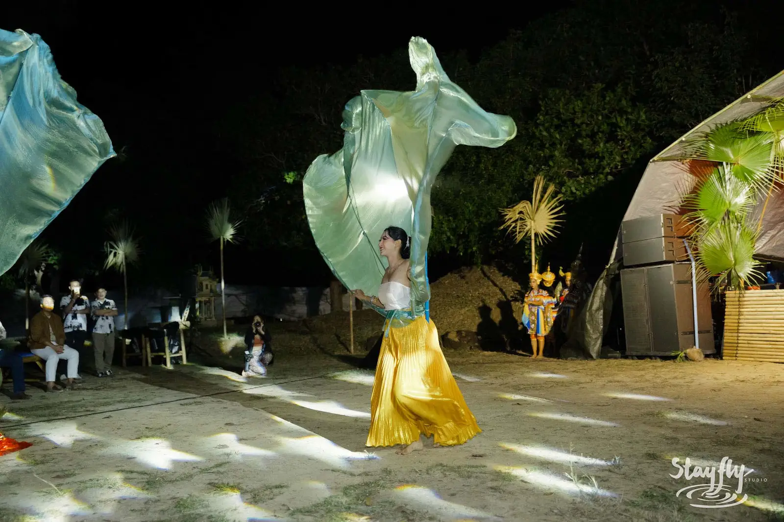 Dancer with flowing fabric wings performing at night.