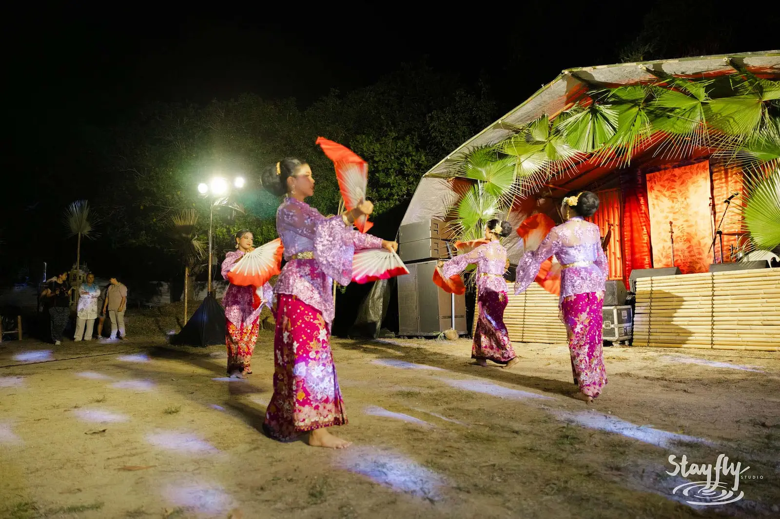 Traditional dancers with fans performing at night.