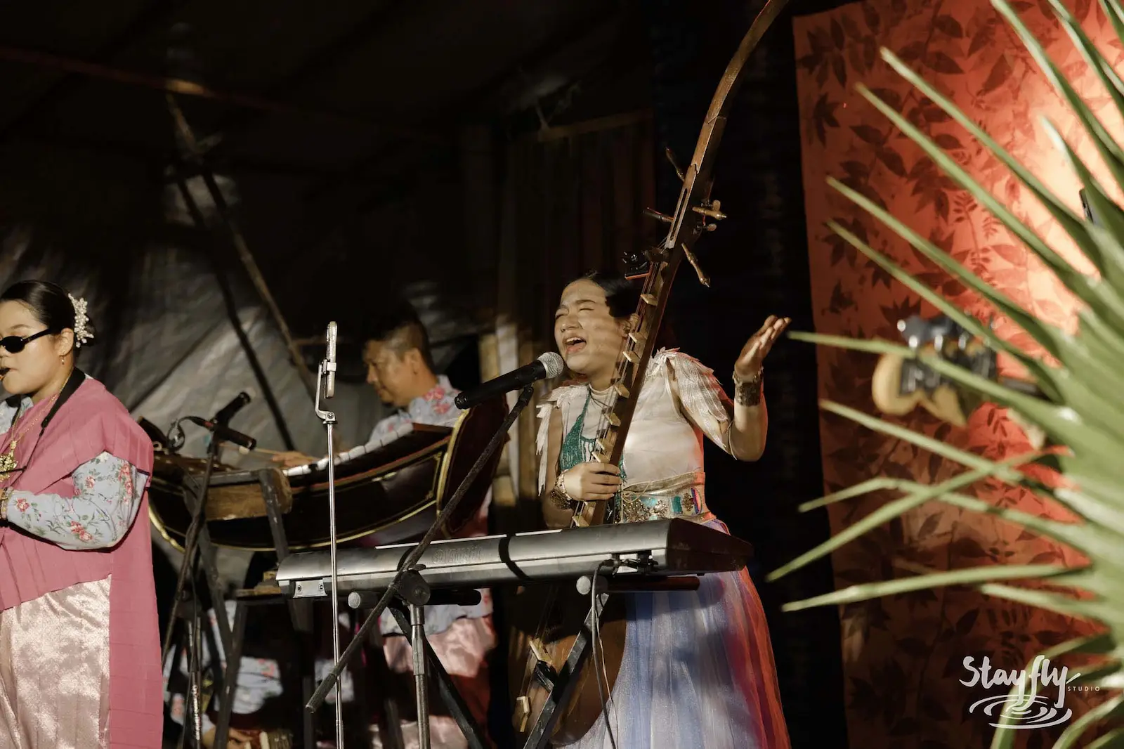 Singer with traditional Thai instrument on stage.