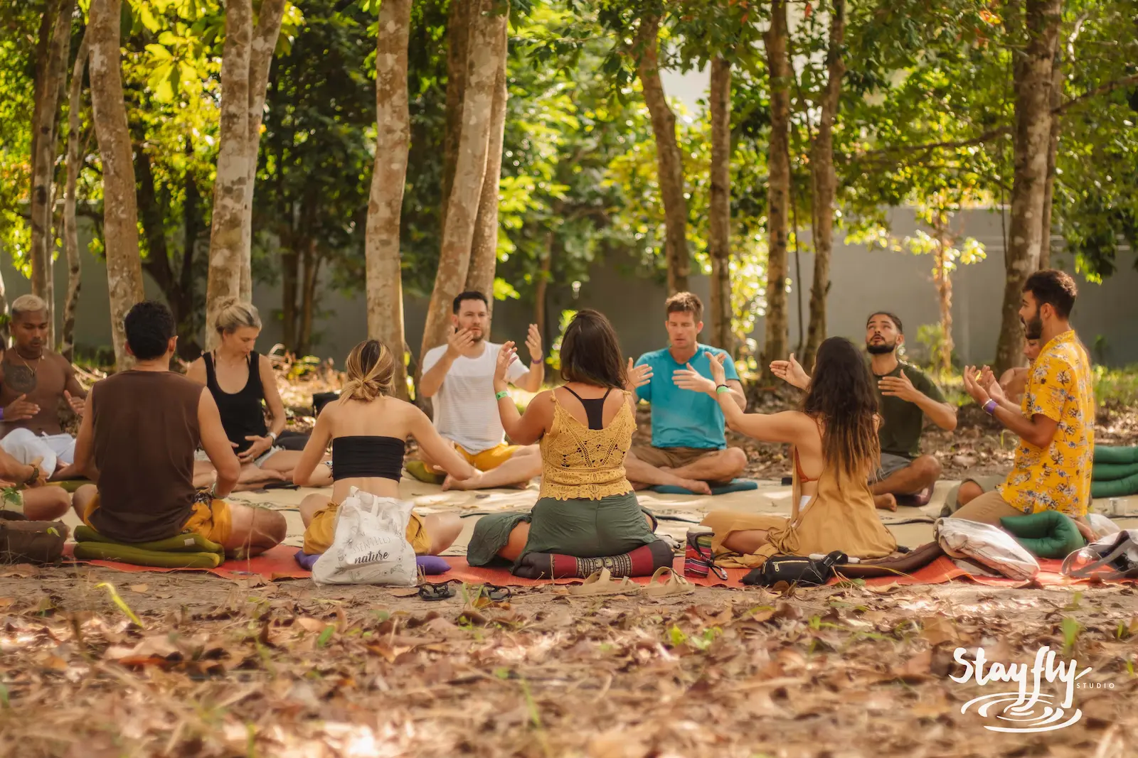Participants sit facing one another on mats beneath trees in warm daylight, arms raised together.