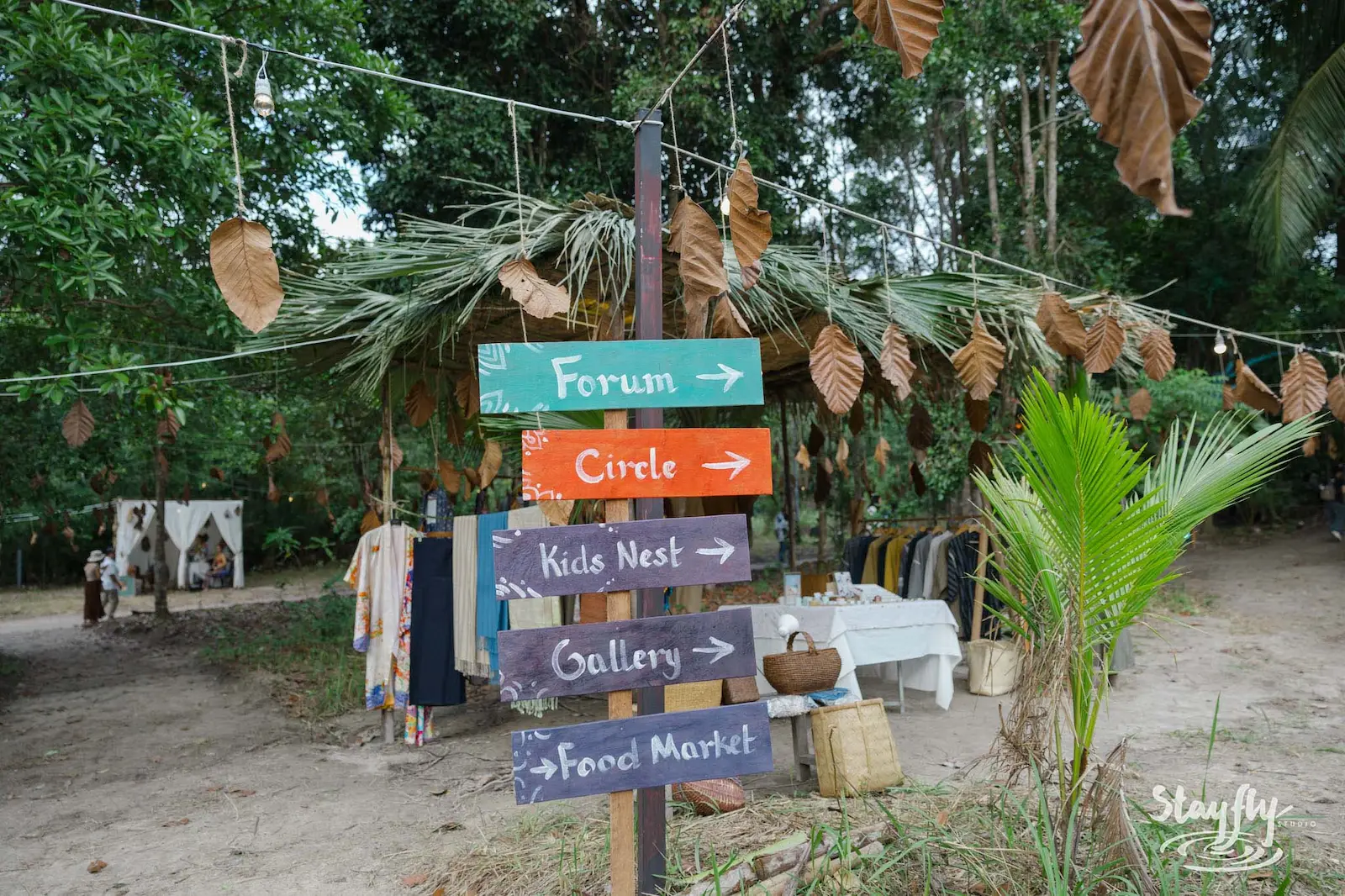 Coloured wooden direction signs beneath hanging leaves, with stalls behind.
