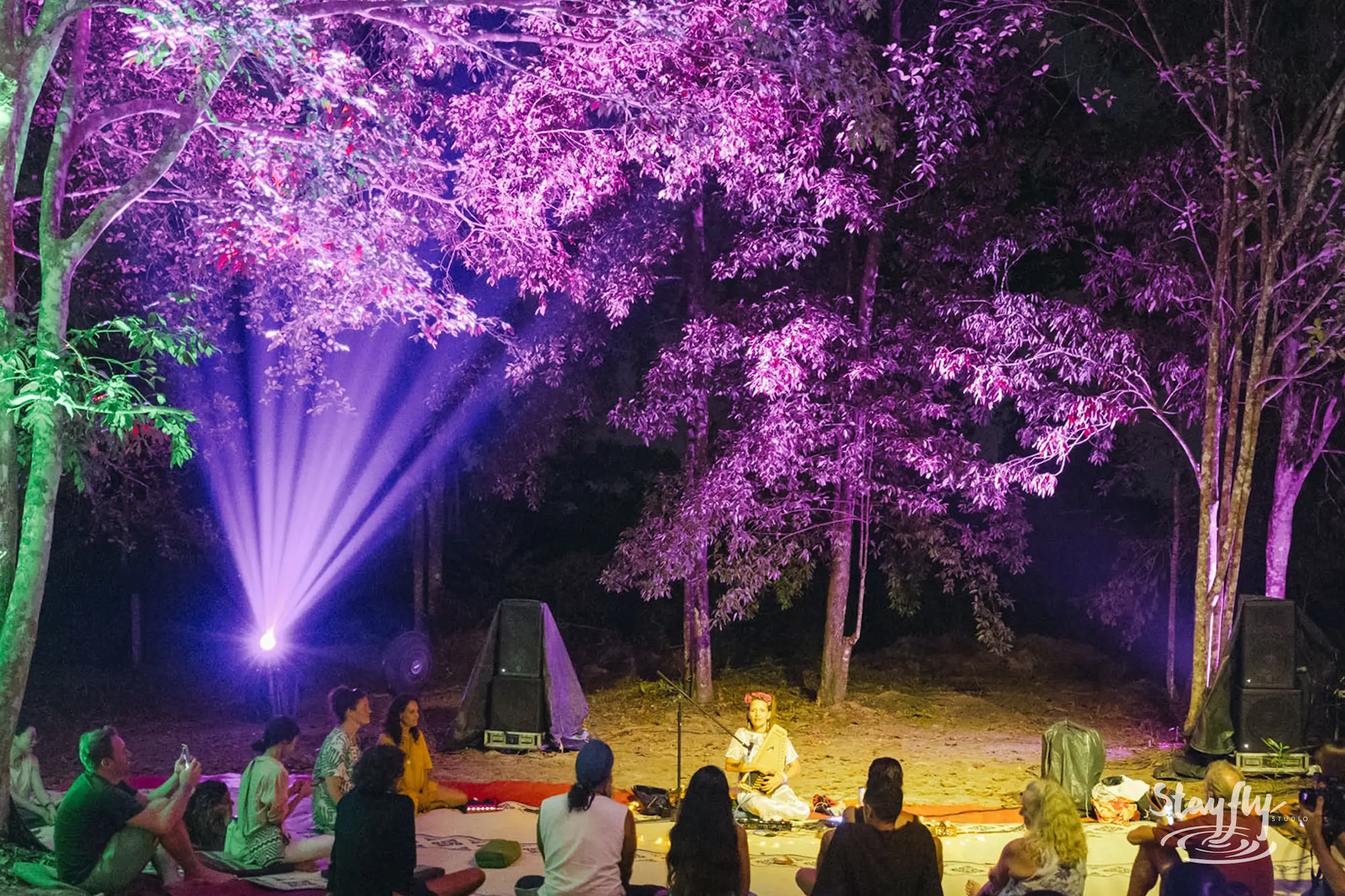 A seated performer and a small audience beneath trees lit purple and green.