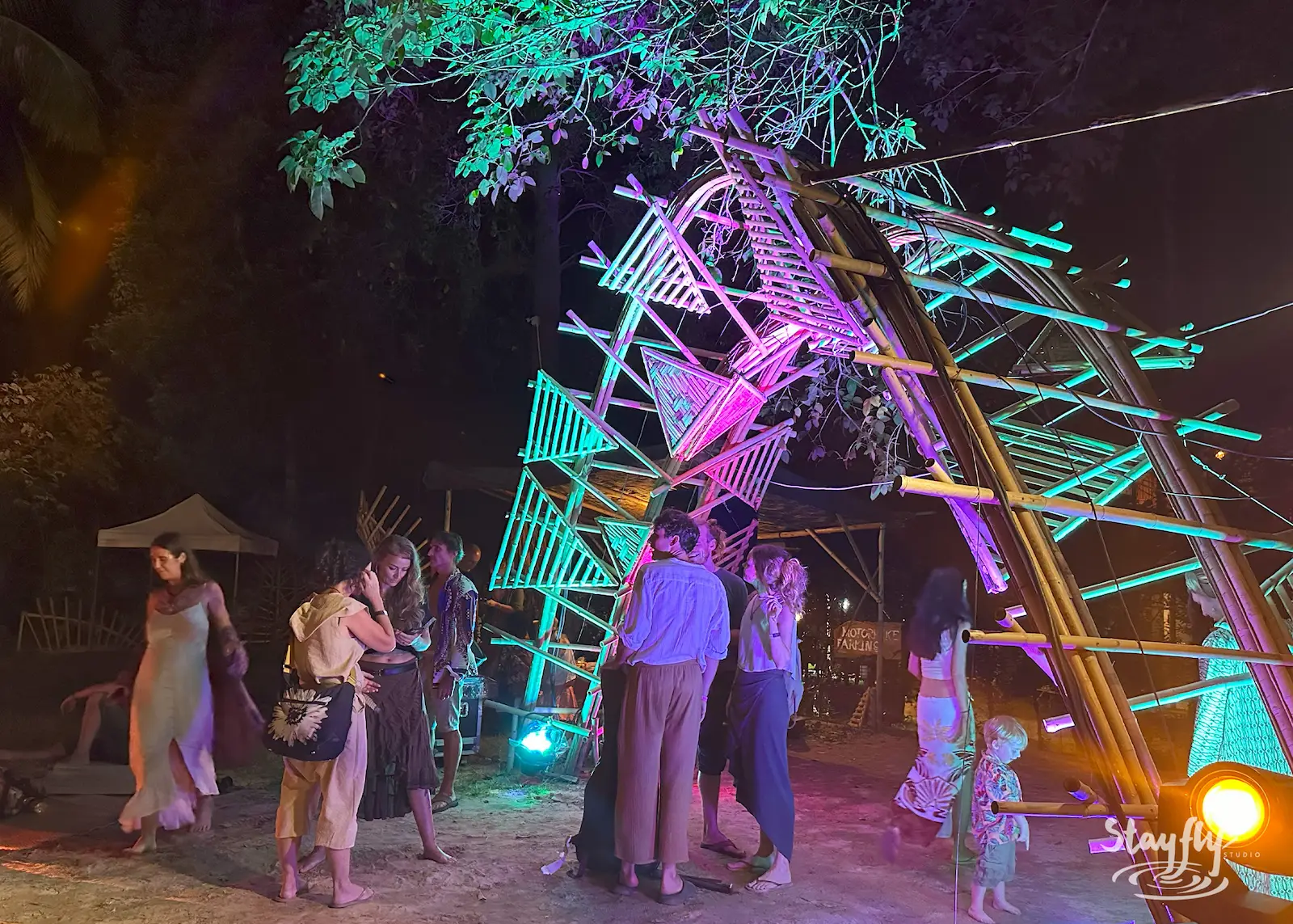 Group examines lit bamboo sculpture at night.