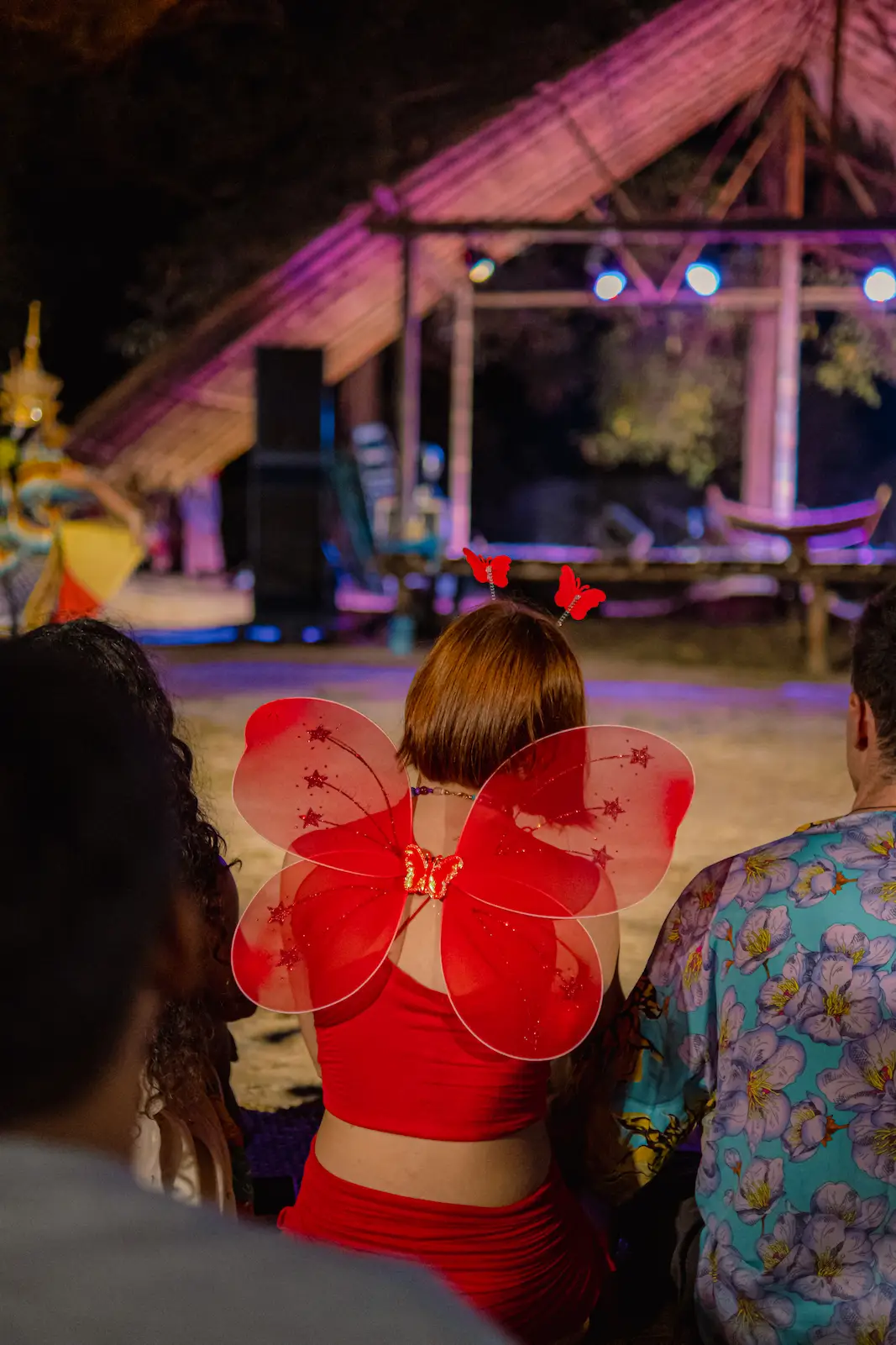 Festival-goer in red butterfly wings faces the stage.