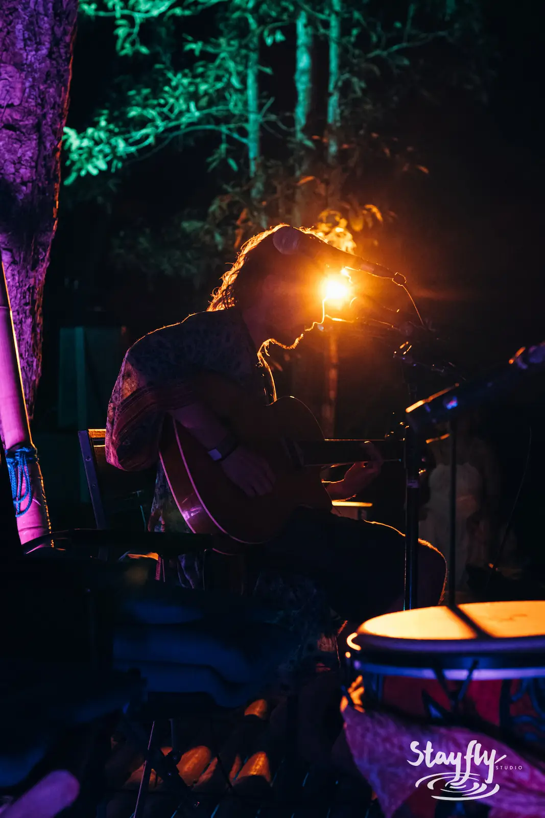 Guitarist performs among trees at night.