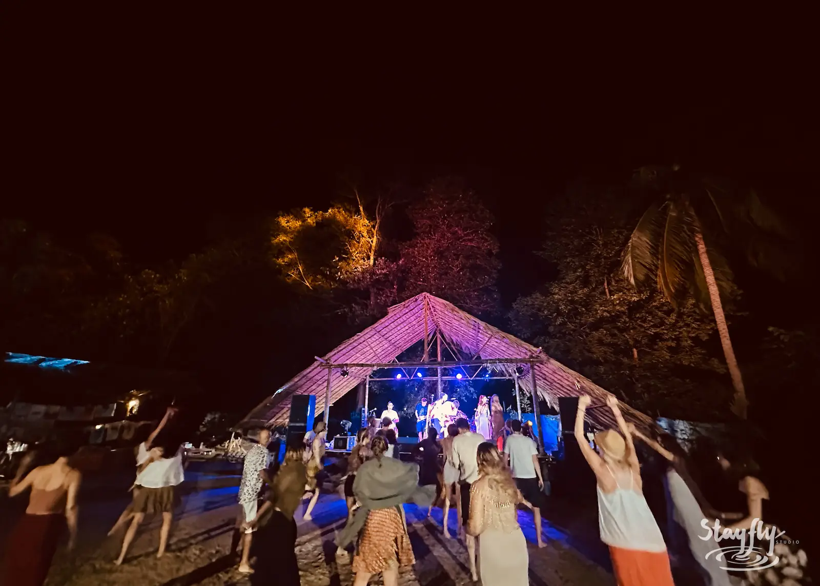 Crowd dances before small night stage.