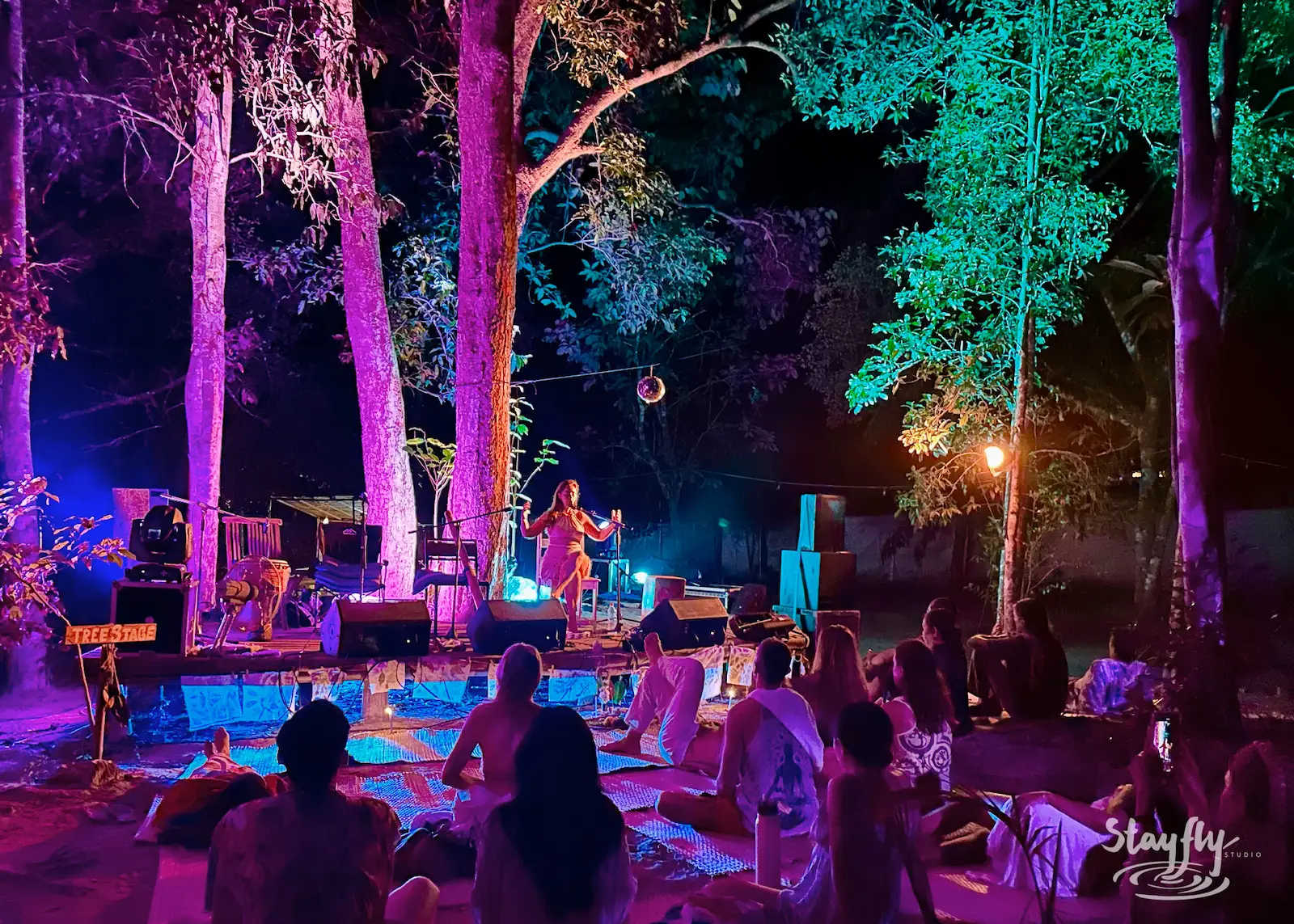Solo performer dances before seated night crowd.