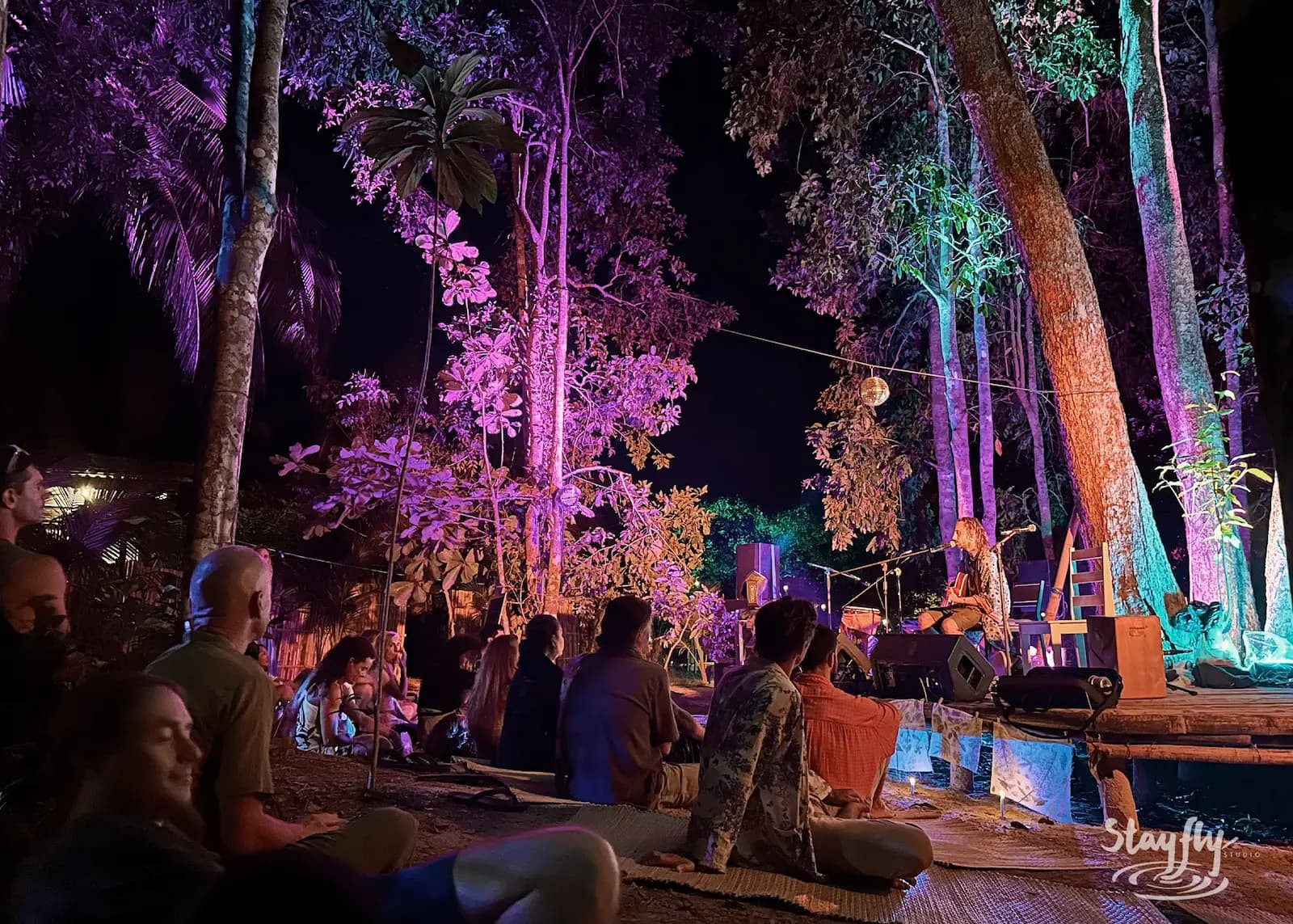 Seated crowd under blue-lit forest canopy.