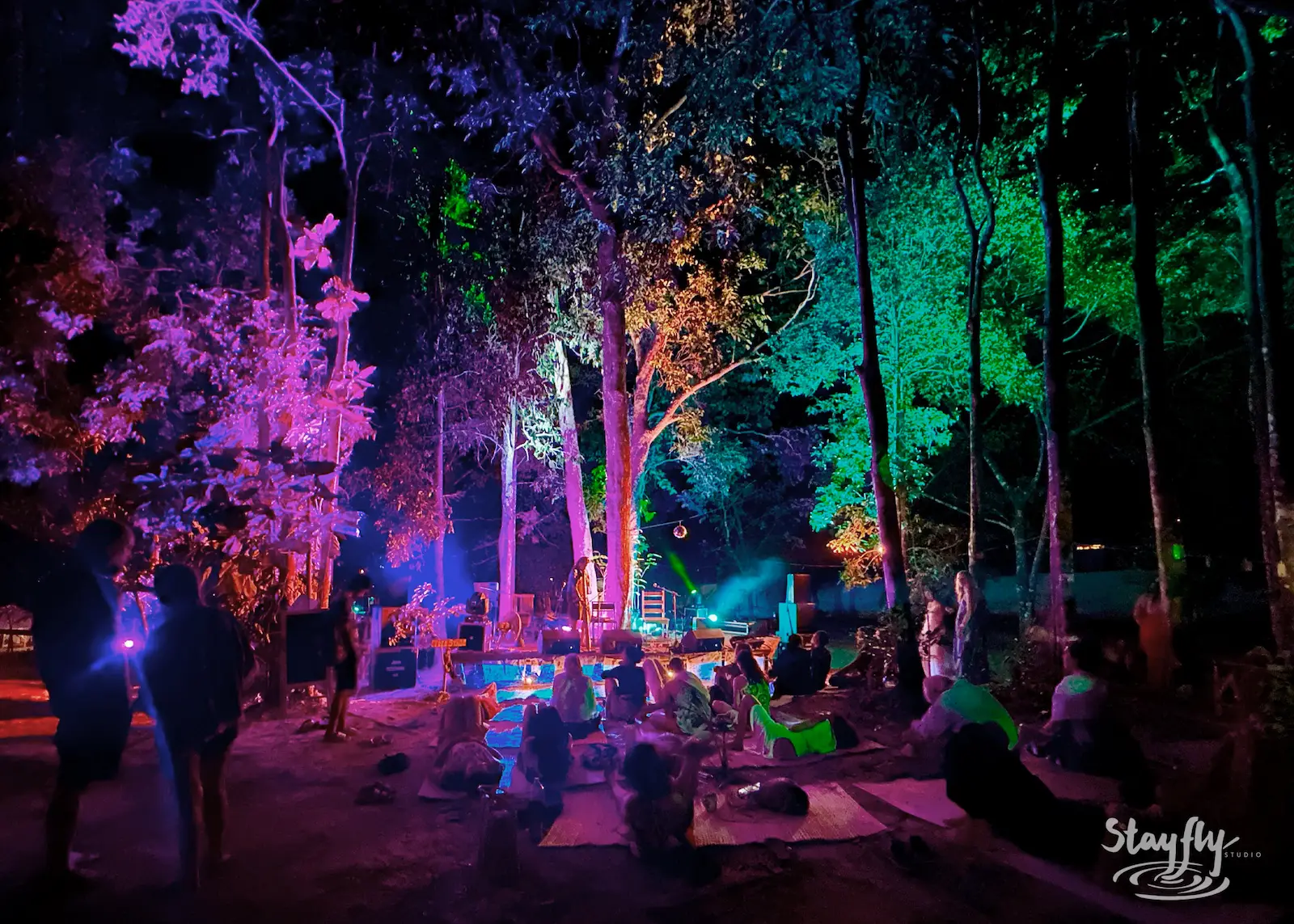 Crowd seated in colorful forest at night.