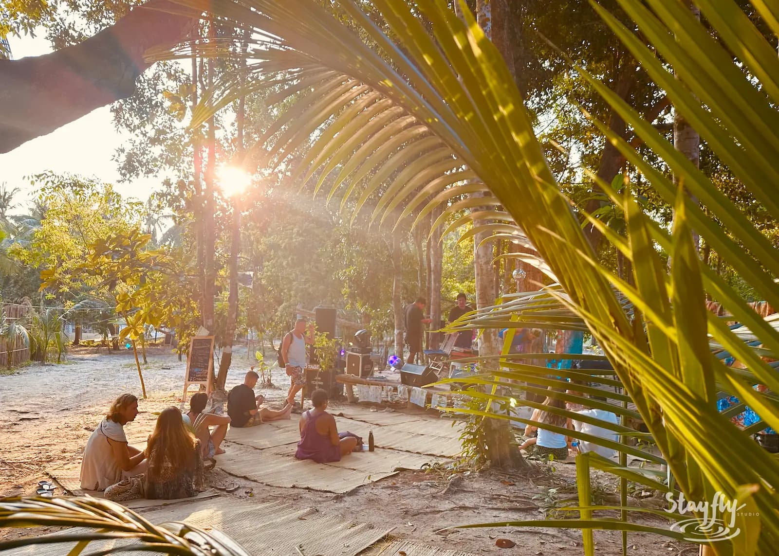Daytime circle sits under palm shade.
