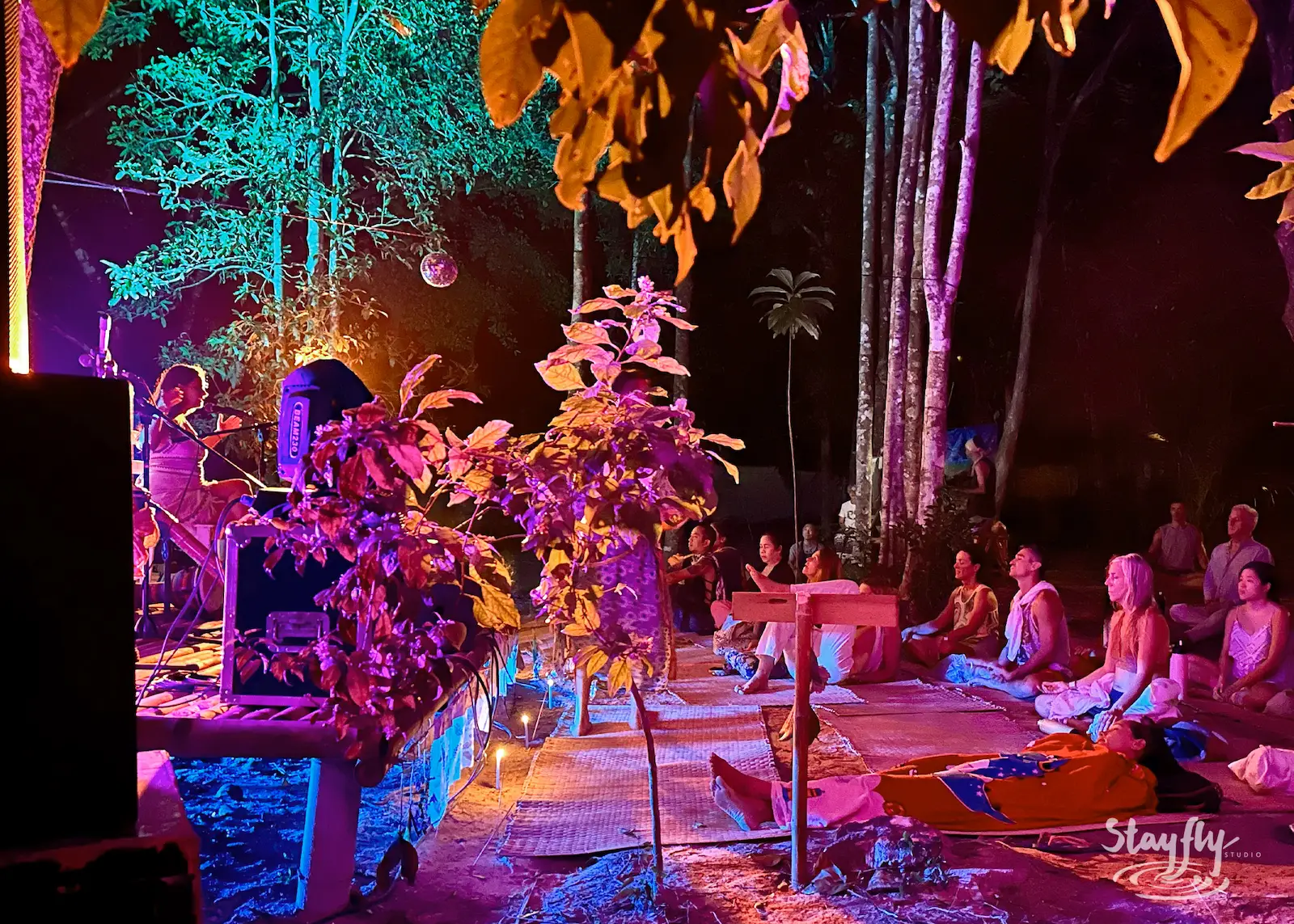 Seated rows listen in purple-lit forest.