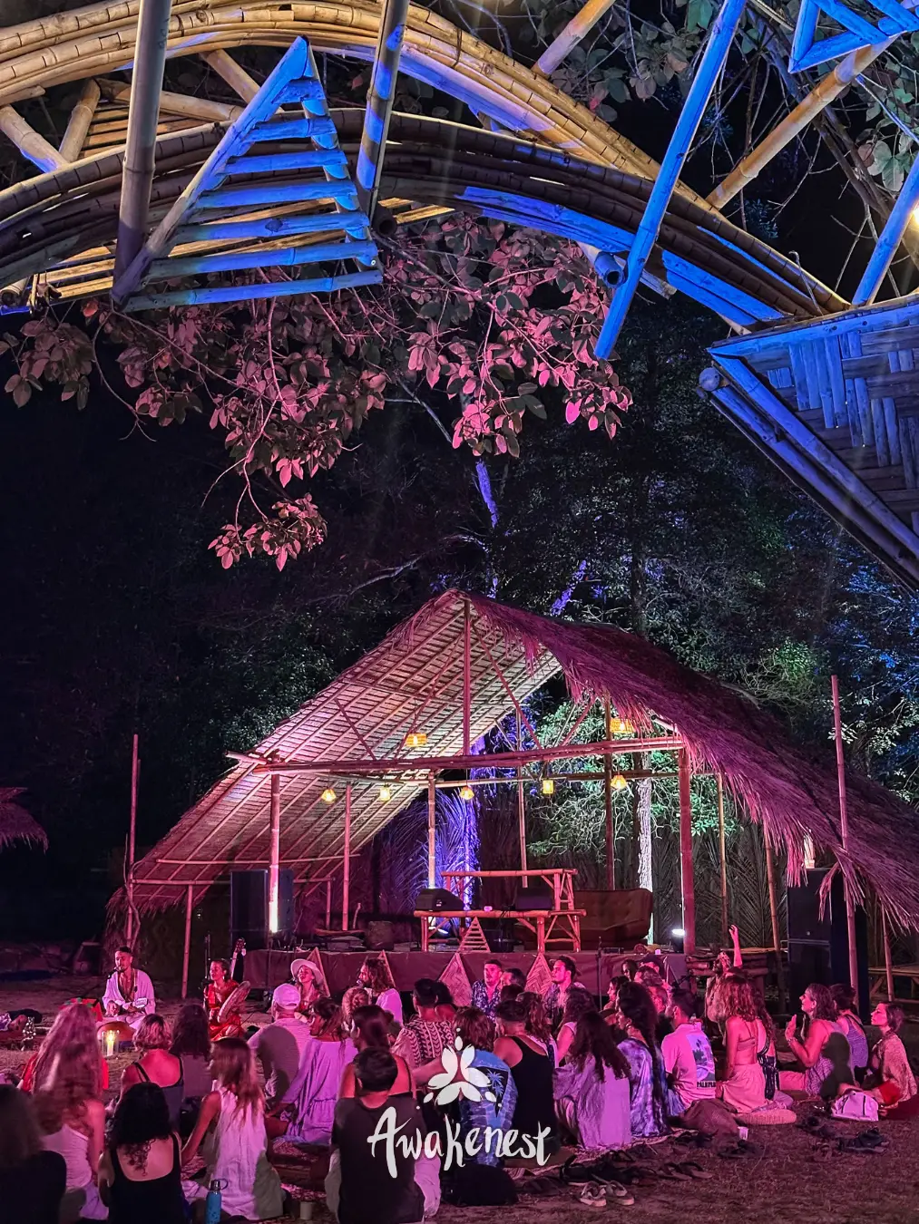 Crowd gathers at bamboo stage under night lighting.