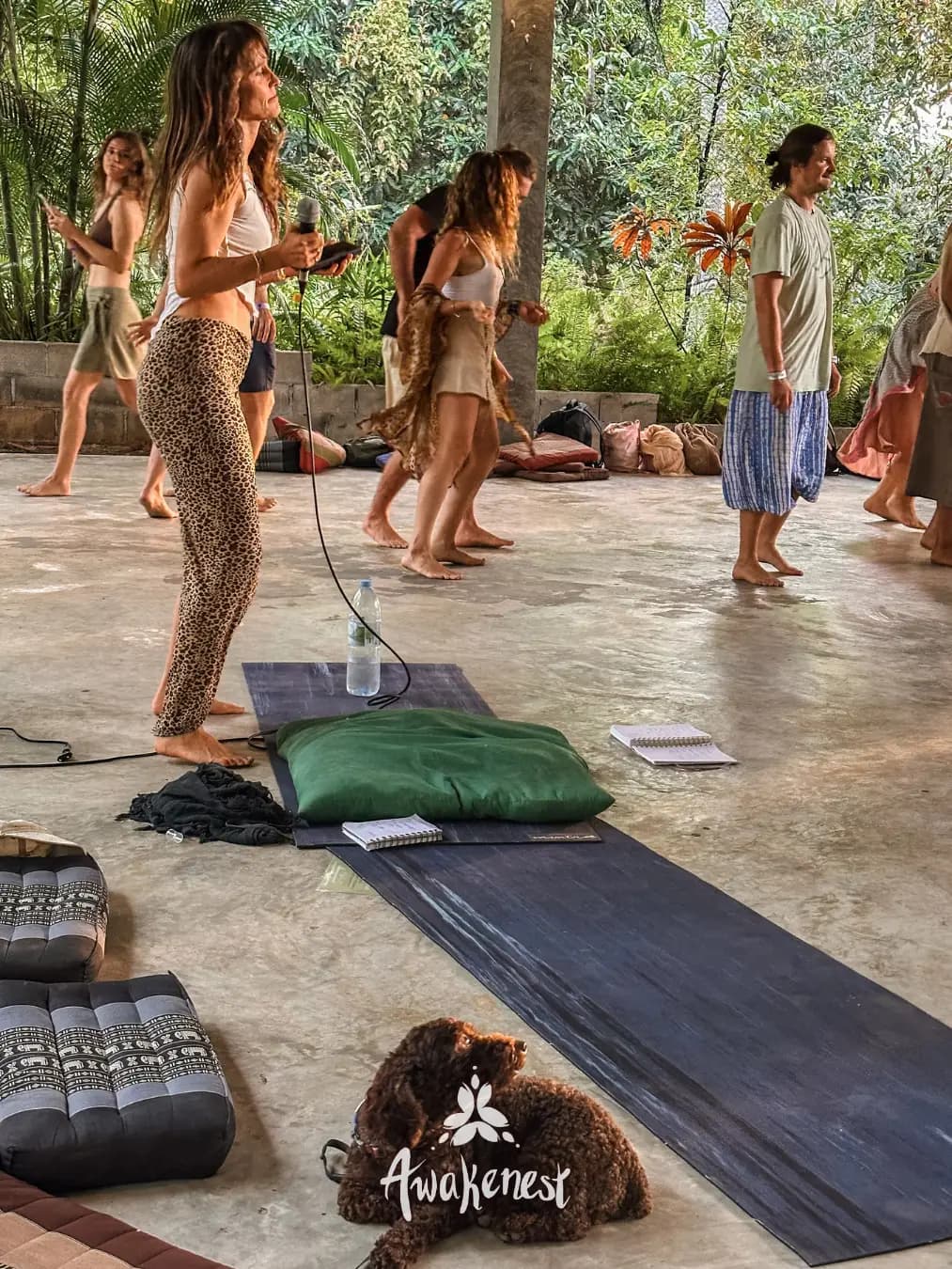 Dancers moving freely under open pavilion.