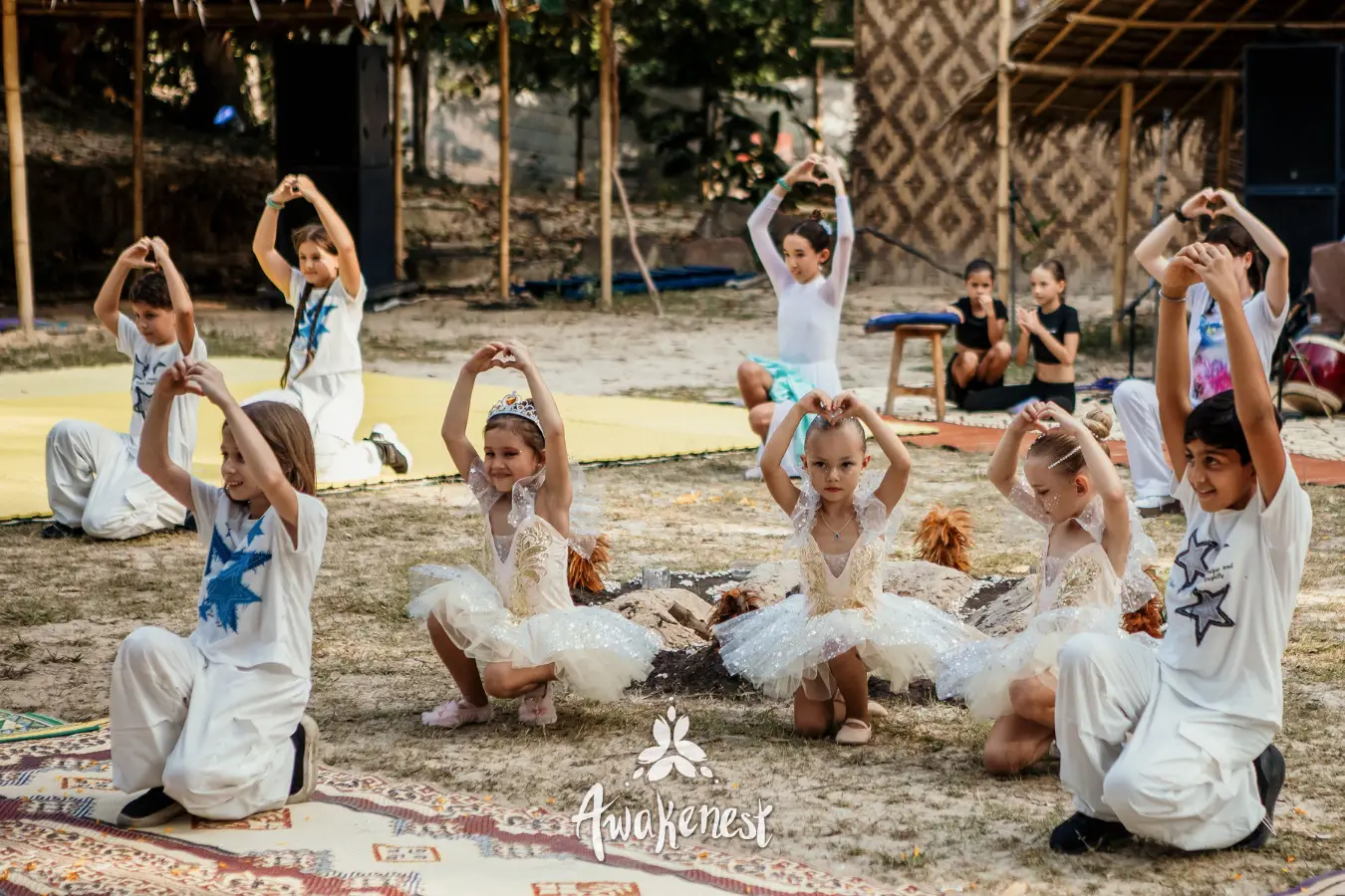 Children in tutus pose with raised arms.