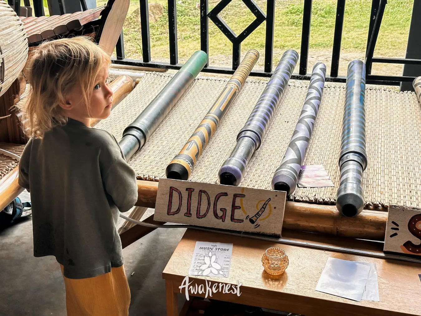 Child examines painted didgeridoos on display.