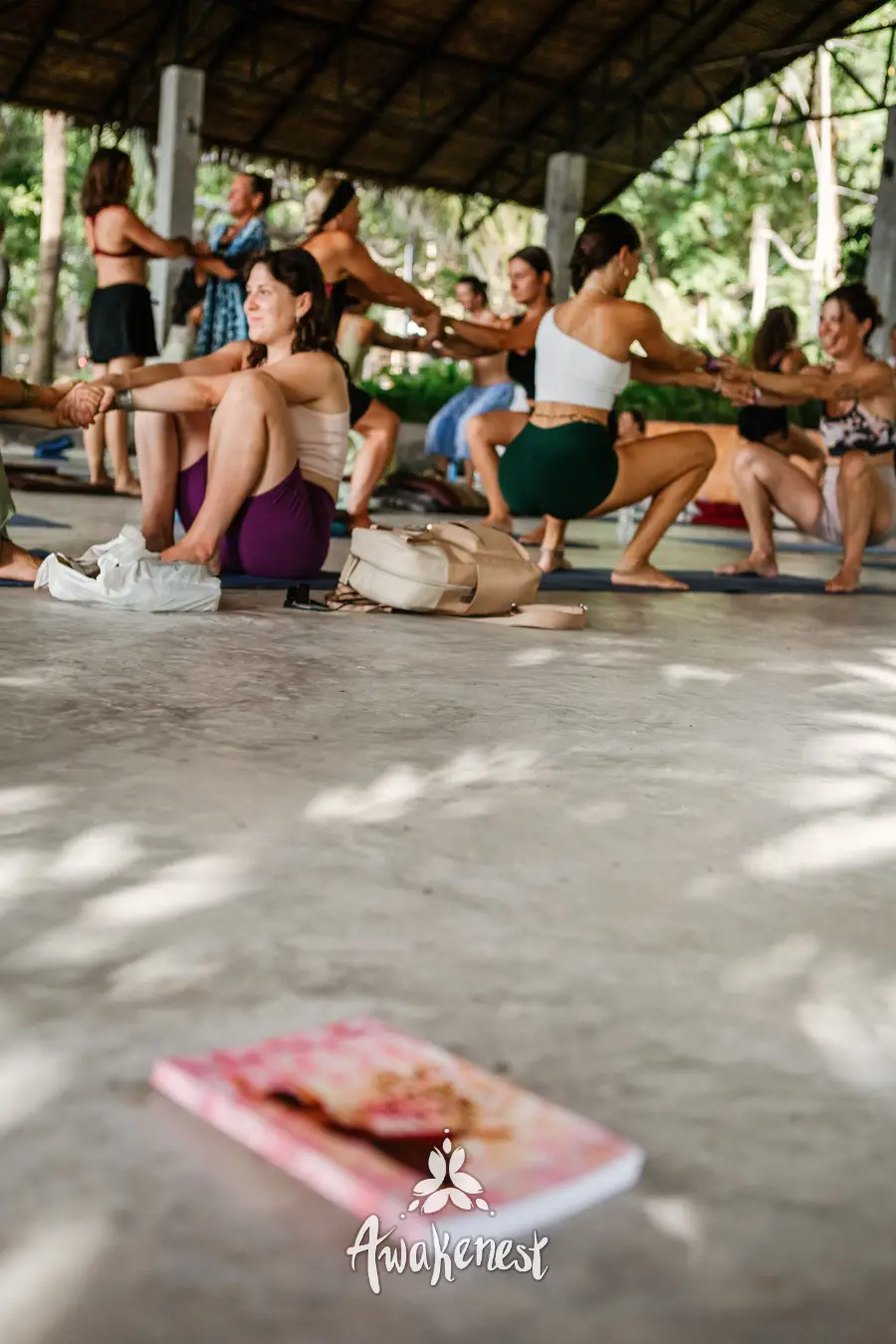 Yoga class practicing poses in pavilion.