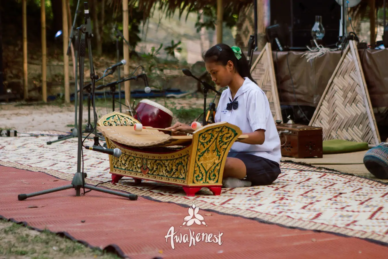 Girl plays traditional Thai xylophone instrument.