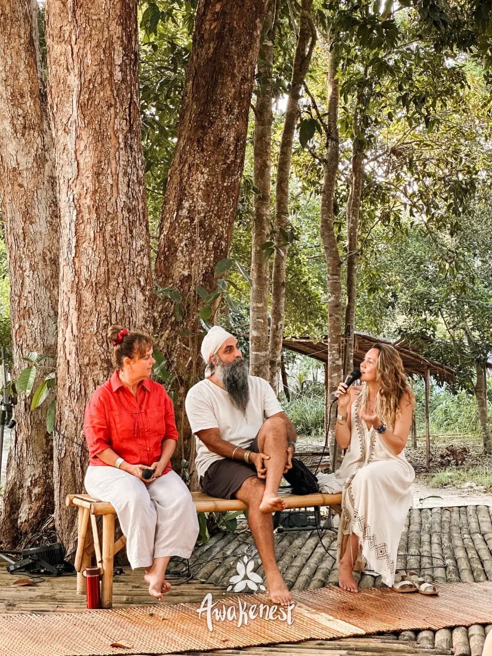 Three people talking on bench under trees.
