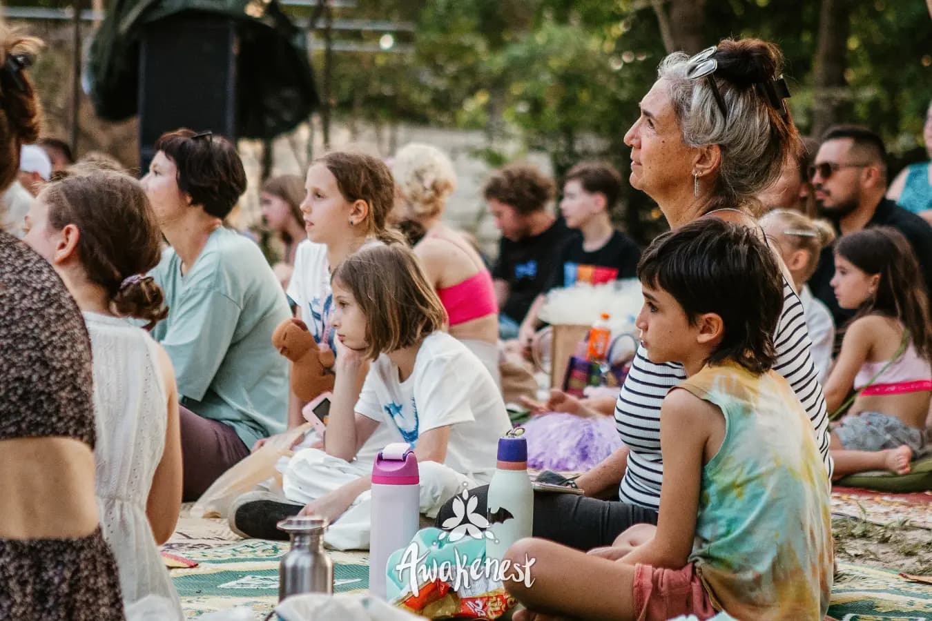 Audience sits on rugs watching an event.