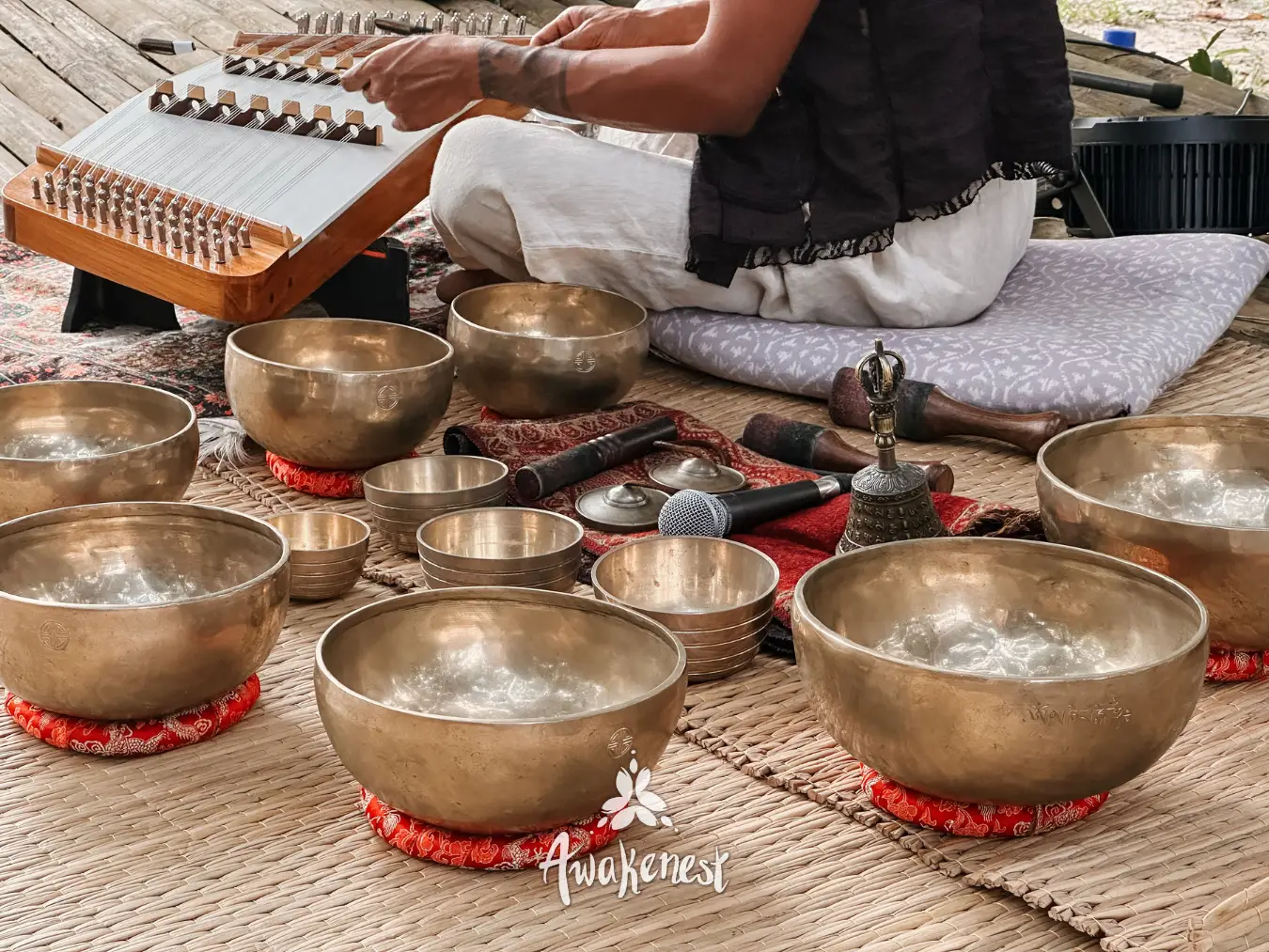 Close-up of singing bowls with khim player.