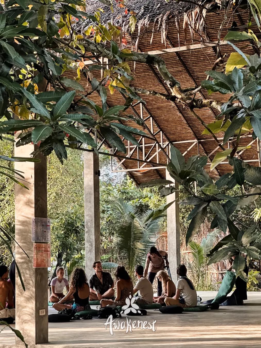 Group gathered under canopy pavilion outdoors.