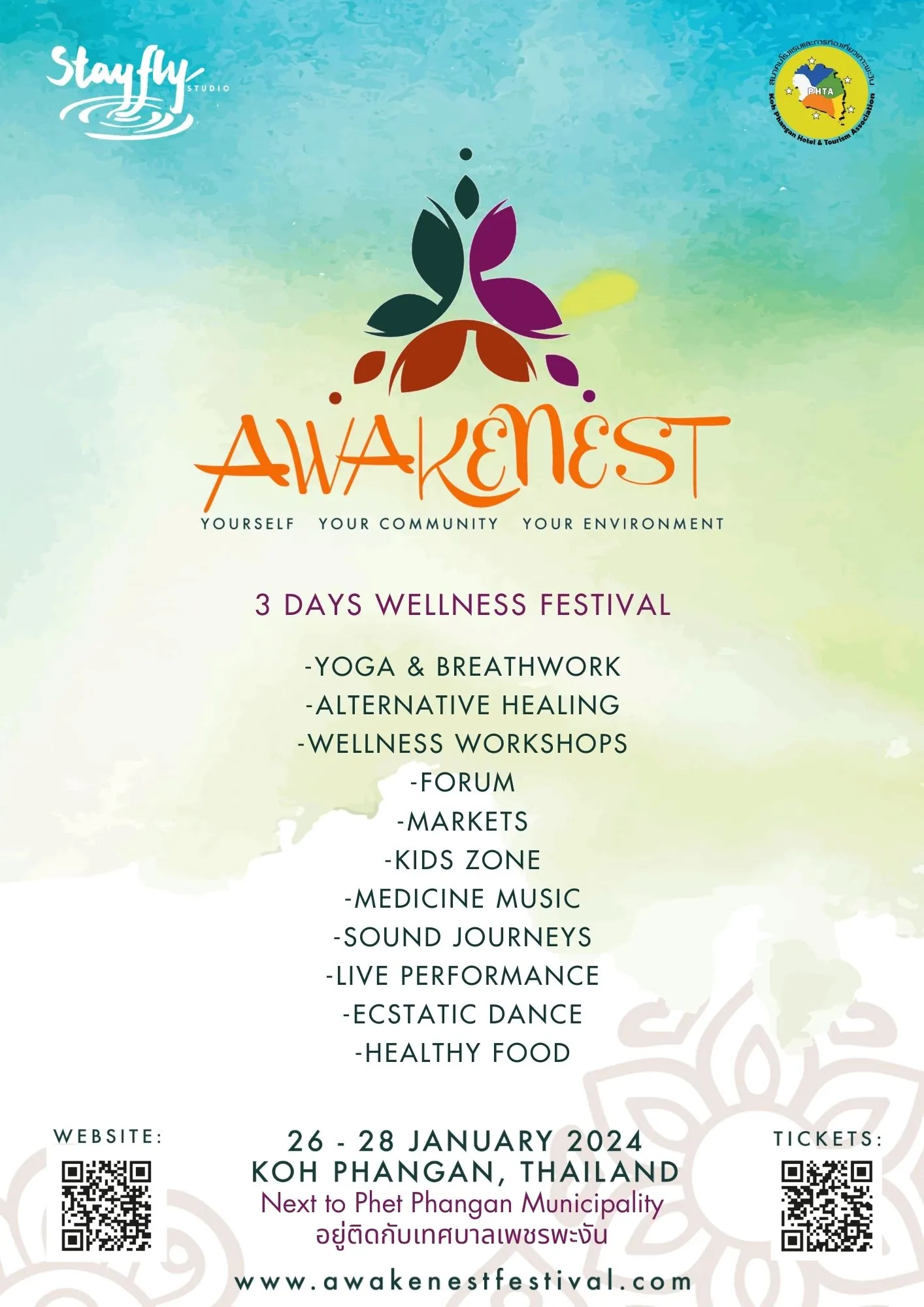 Awakenest 2024 · Festival poster. The published poster for the first edition, 26 to 28 January 2024, listing the festival activities from yoga and breathwork to markets and ecstatic dance.