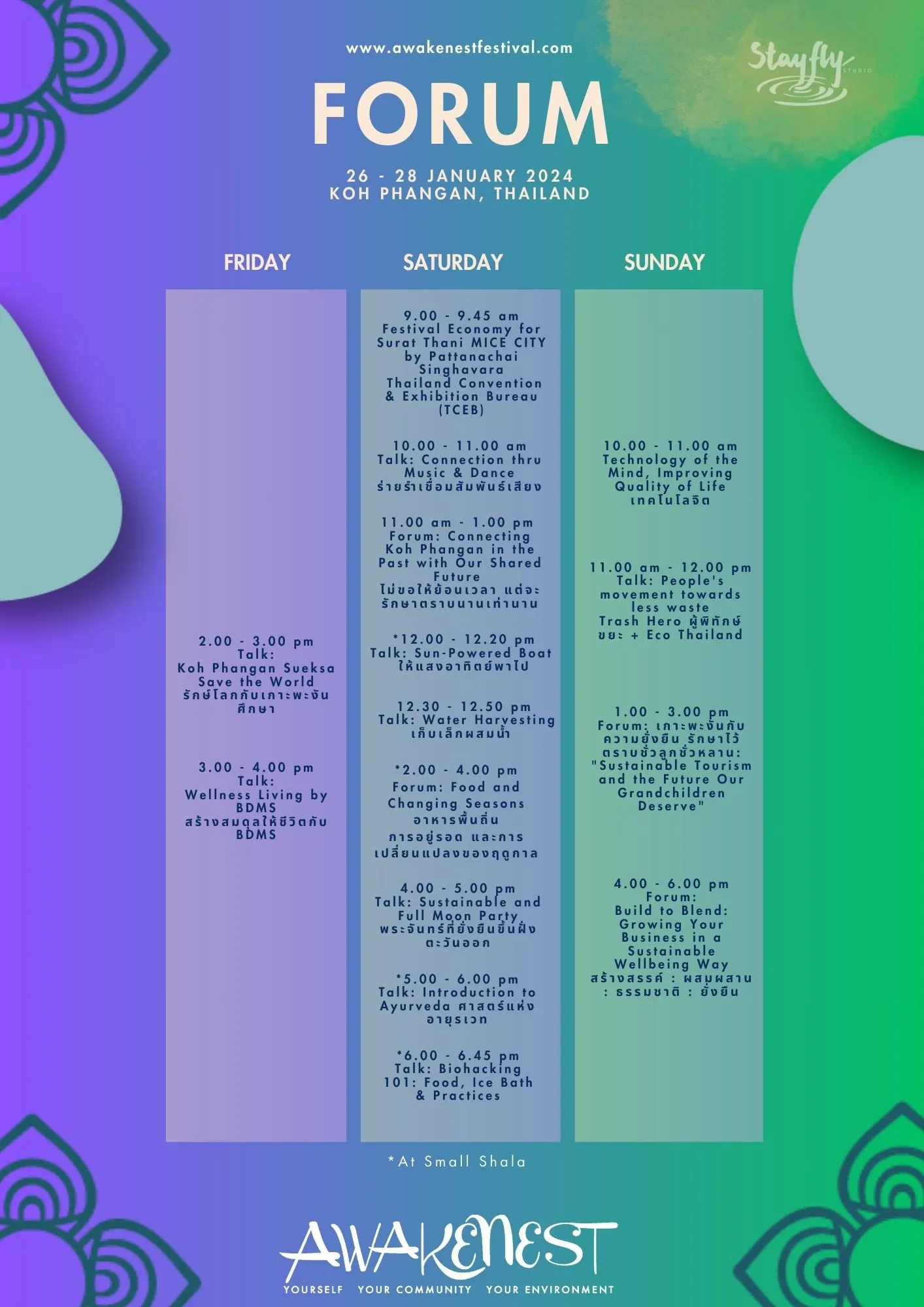 Awakenest 2024 · Forum programme. The published Forum programme includes Festival Economy for Surat Thani MICE City, with a speaker from TCEB, alongside island and sustainability discussions.