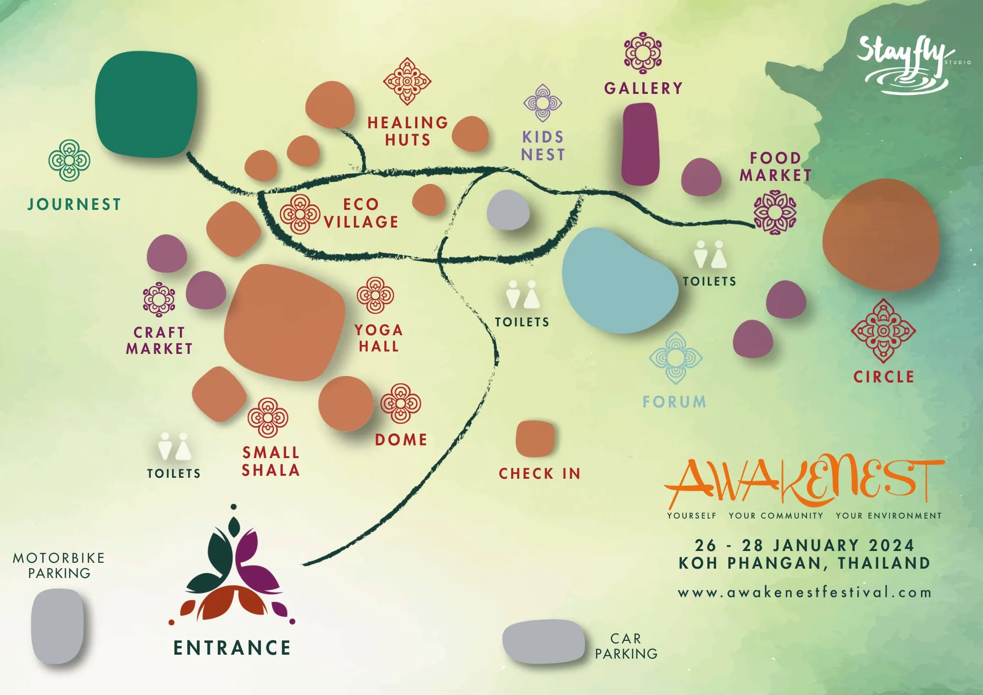 Awakenest 2024 · Site map. The published festival map, with zones from the Healing Huts and Eco Village to the Yoga Hall, Dome and Food Market.