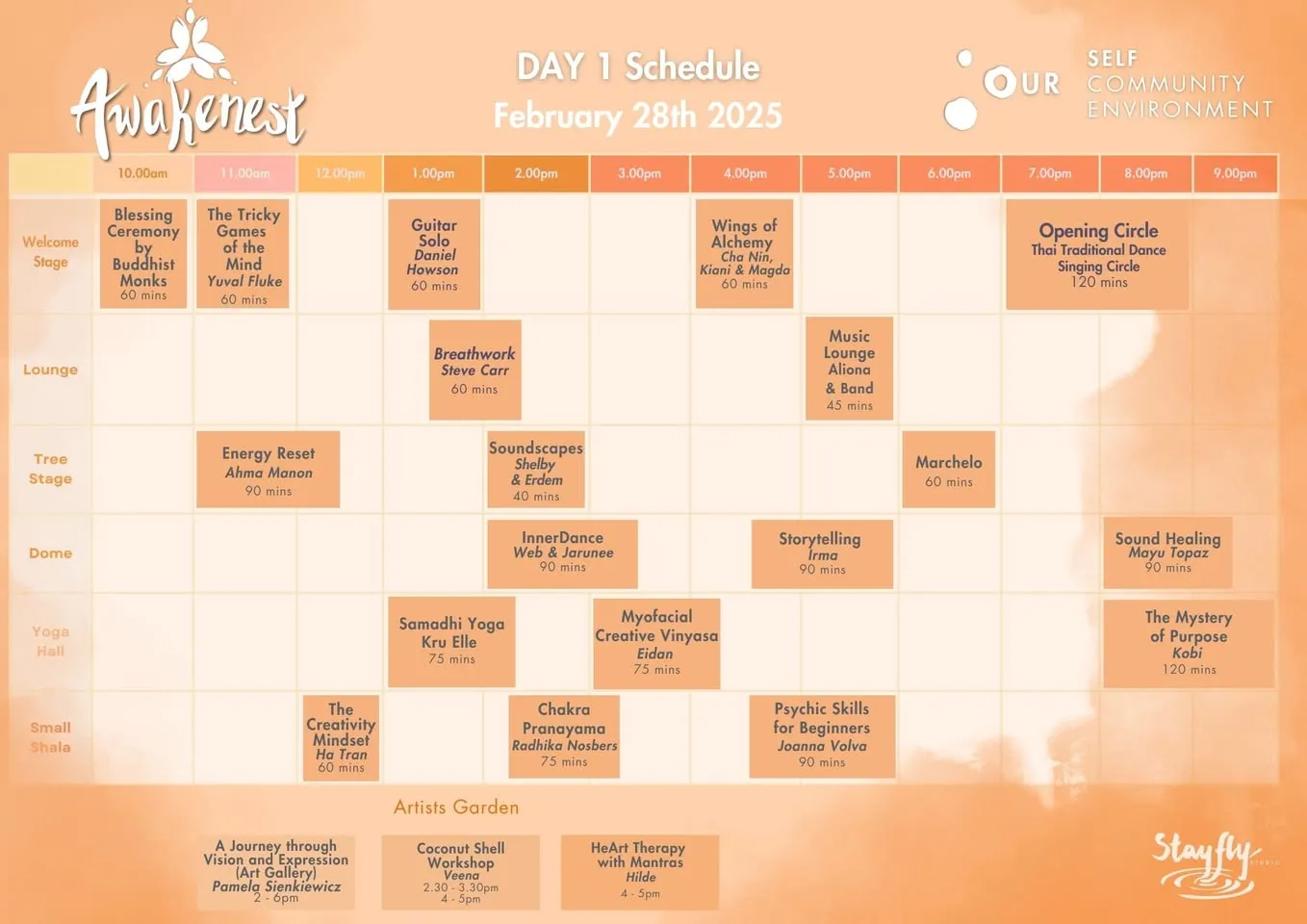 Awakenest 2025 · Day one. Published programme for 28 February 2025, showing music, movement, sound and creative activities.