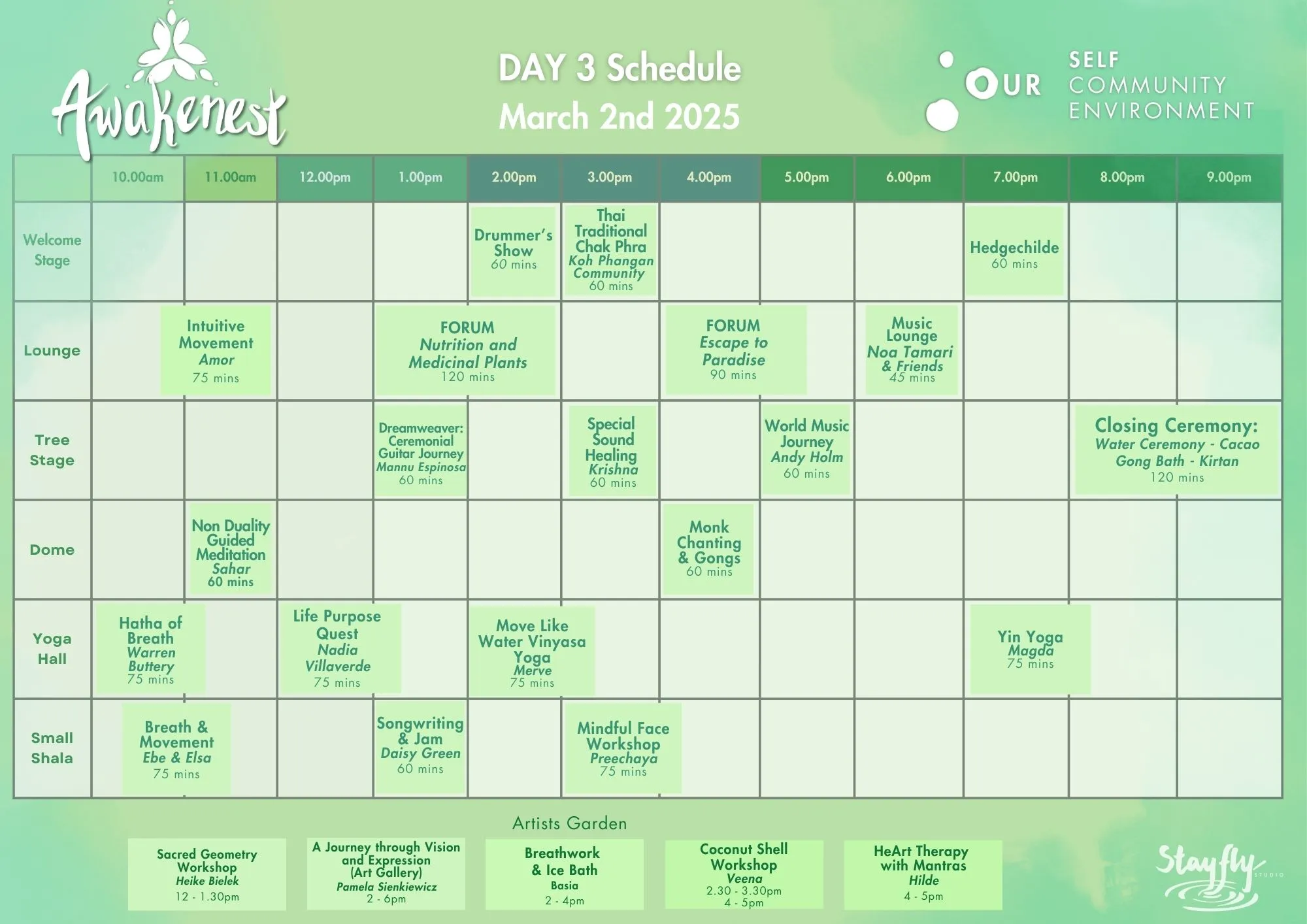 Awakenest 2025 · Day three. Published programme for 2 March 2025, including community performance, music, practice and creative workshops.