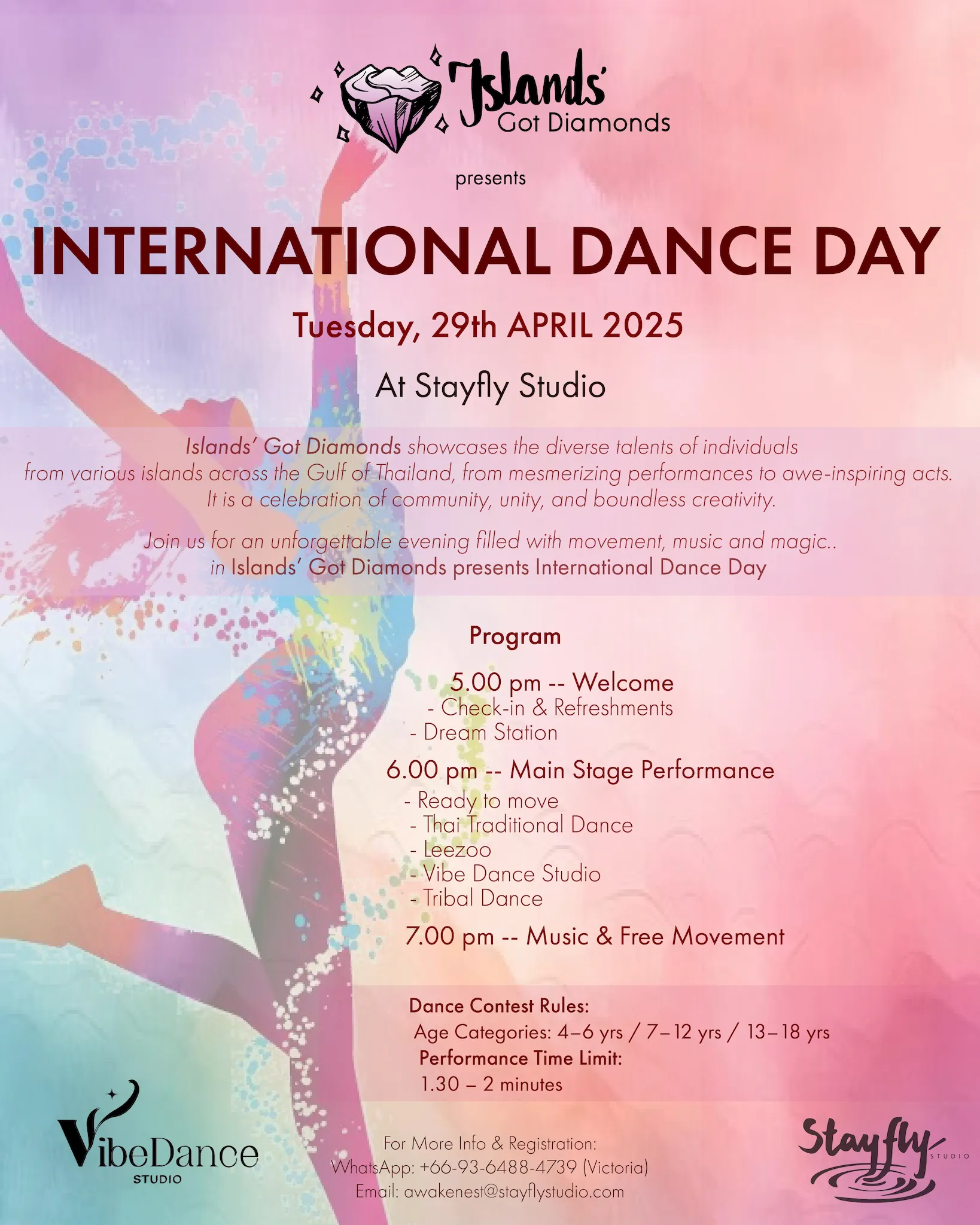 Islands’ Got Diamonds · Dance Day. Published programme for International Dance Day at Stayfly Studio on 29 April 2025, with performances and dance-contest age groups from 4 to 18.