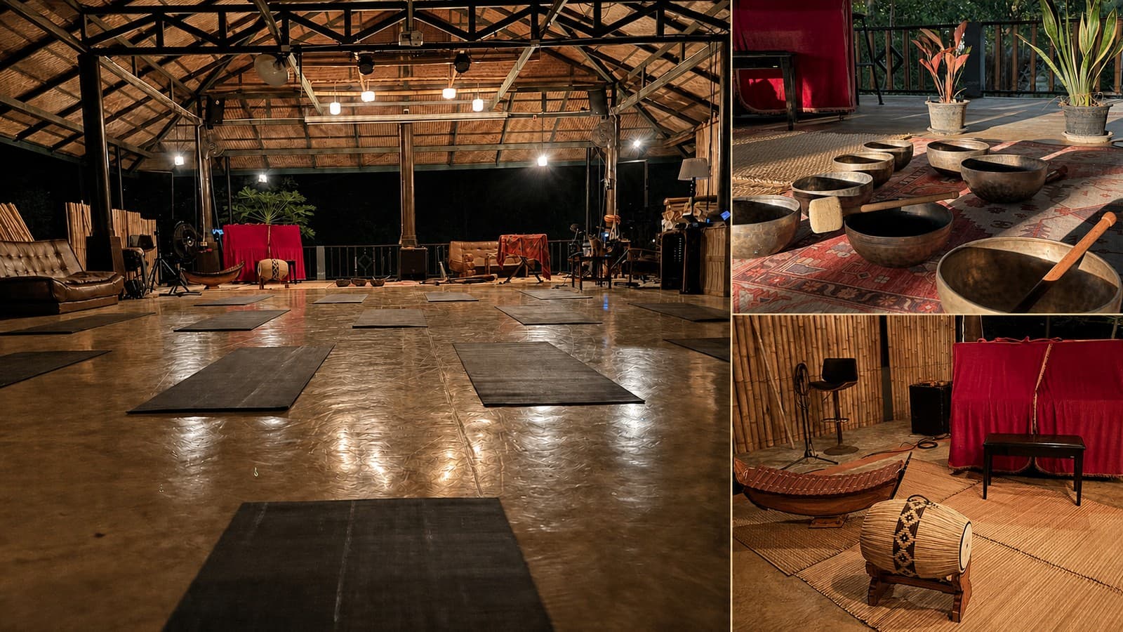 A three-panel collage shows the Music Lounge prepared with yoga mats at night, singing bowls in daylight, and a red piano with wooden percussion and a drum.