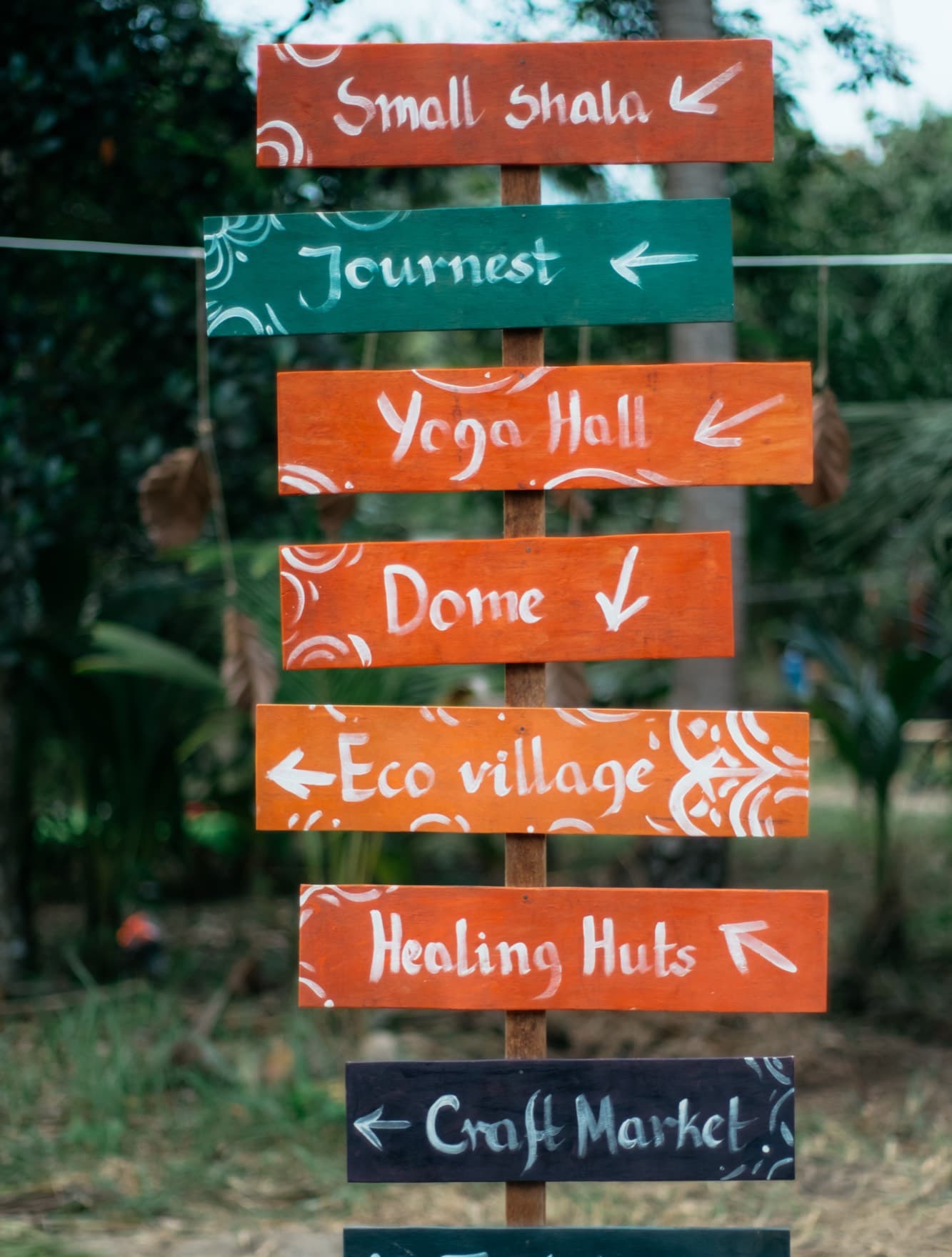 Hand painted signs point to the Small Shala, Journest, Yoga Hall, Dome, Eco Village, Healing Huts and Craft Market.